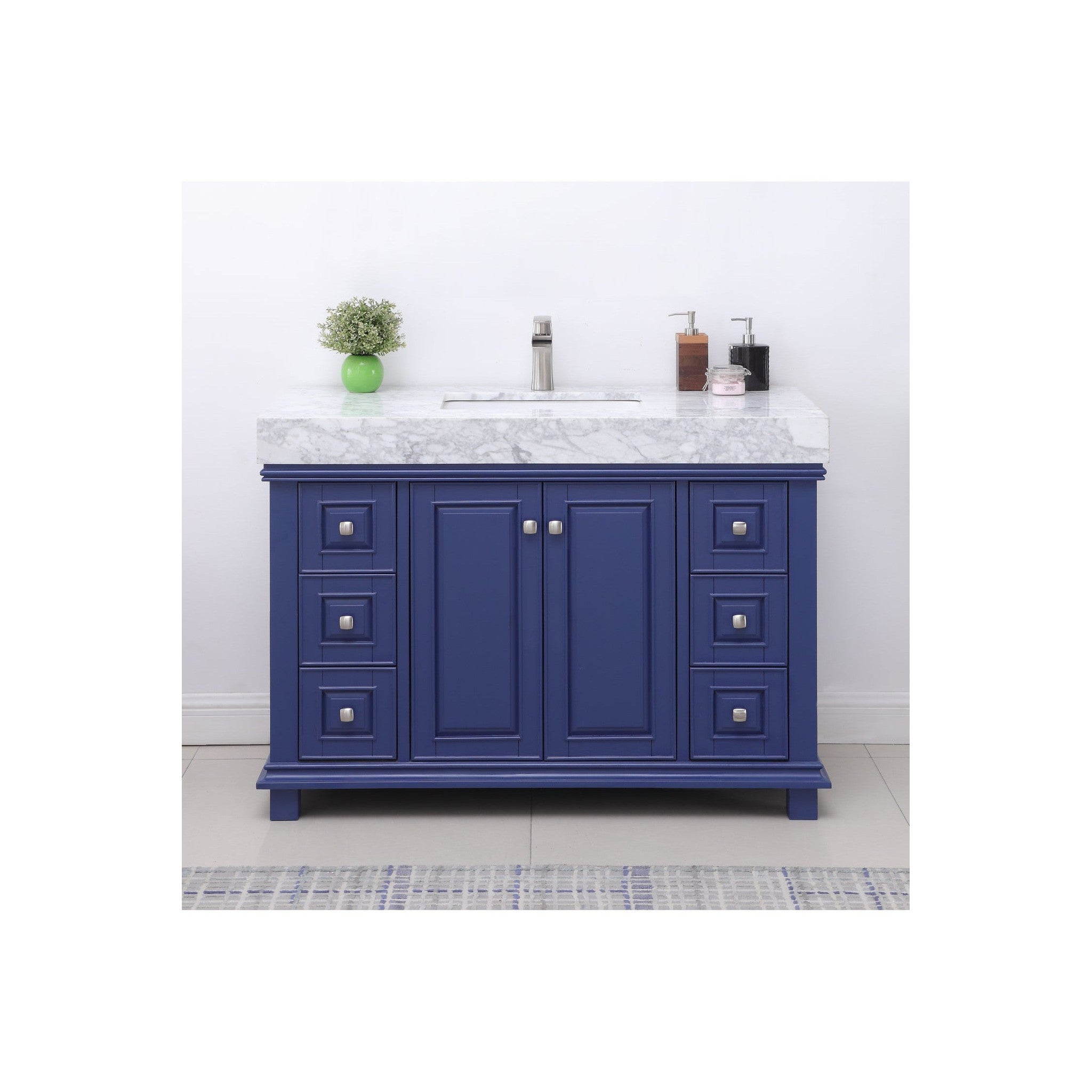 Jardin 48" Single Bathroom Vanity Set in Jewelry Blue and Carrara White Marble Countertop without Mirror