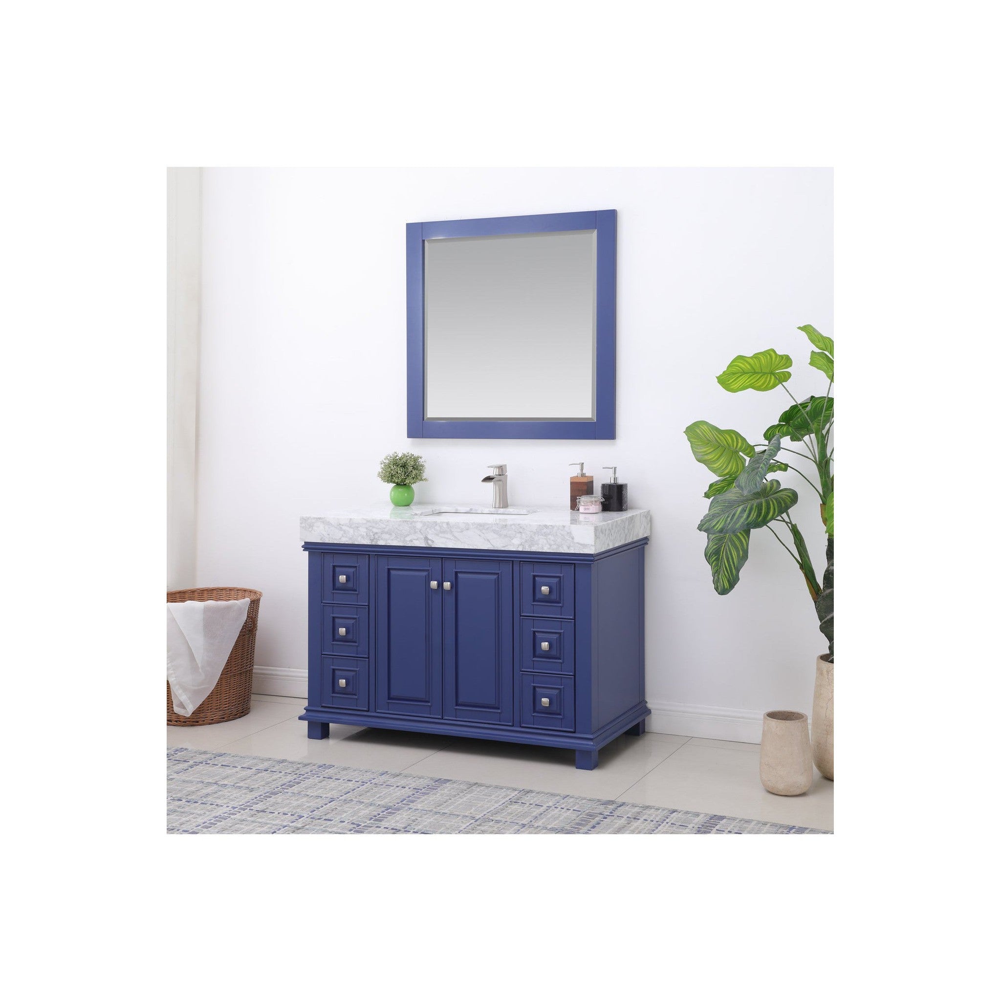 Jardin 48" Single Bathroom Vanity Set in Jewelry Blue and Carrara White Marble Countertop with Mirror