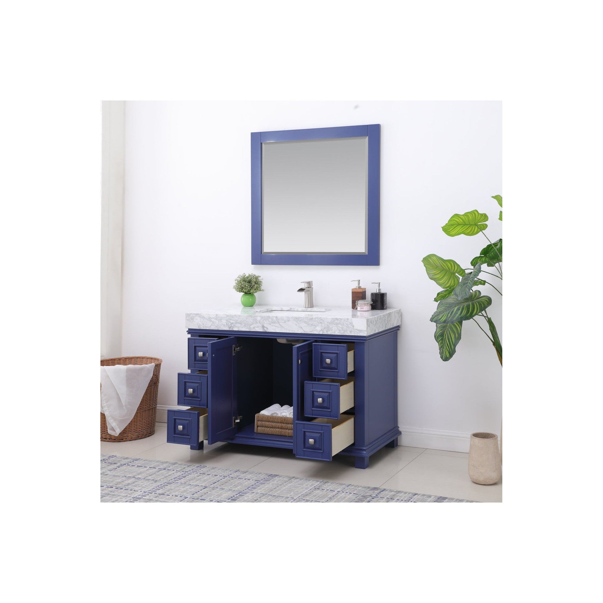 Jardin 48" Single Bathroom Vanity Set in Jewelry Blue and Carrara White Marble Countertop with Mirror