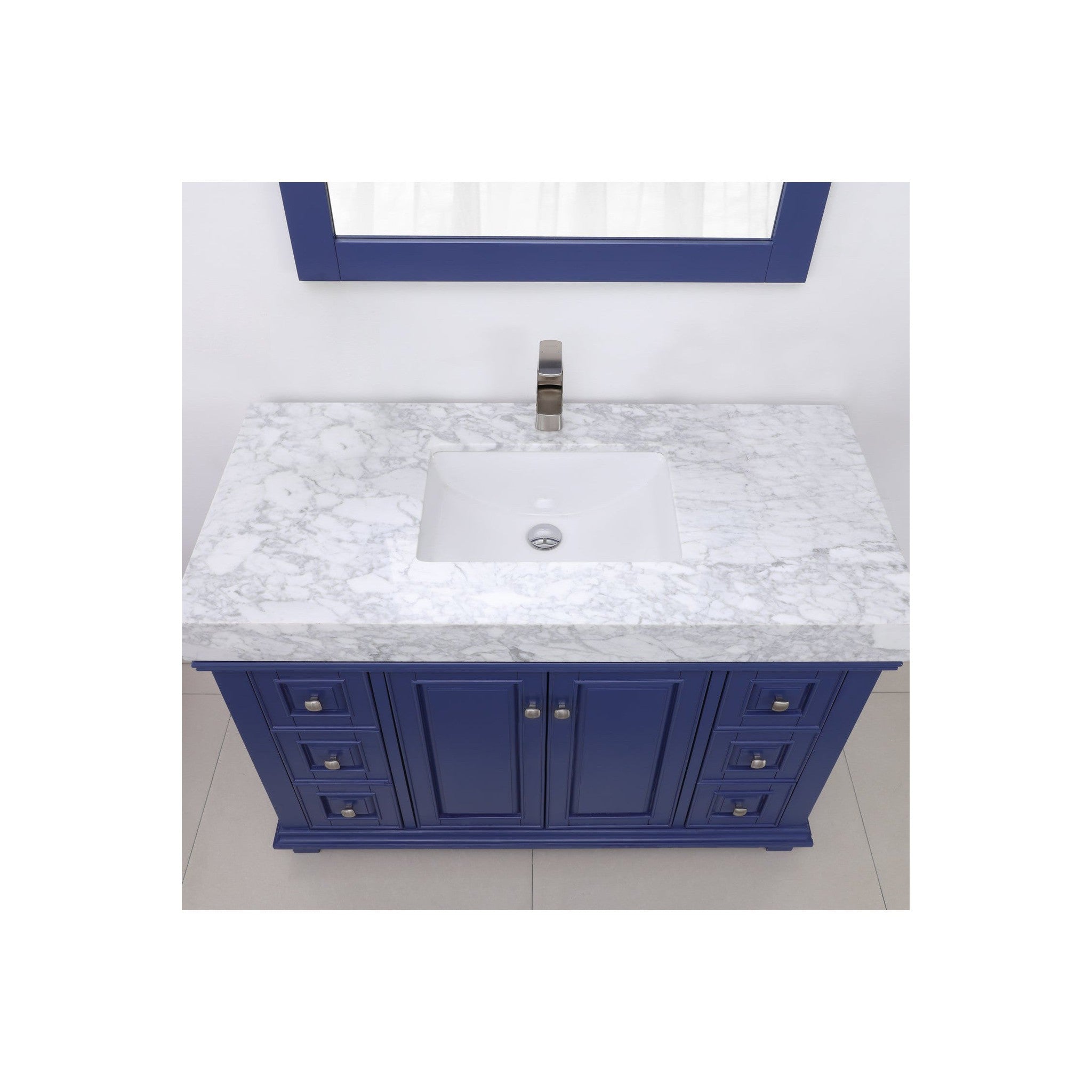 Jardin 48" Single Bathroom Vanity Set in Jewelry Blue and Carrara White Marble Countertop with Mirror