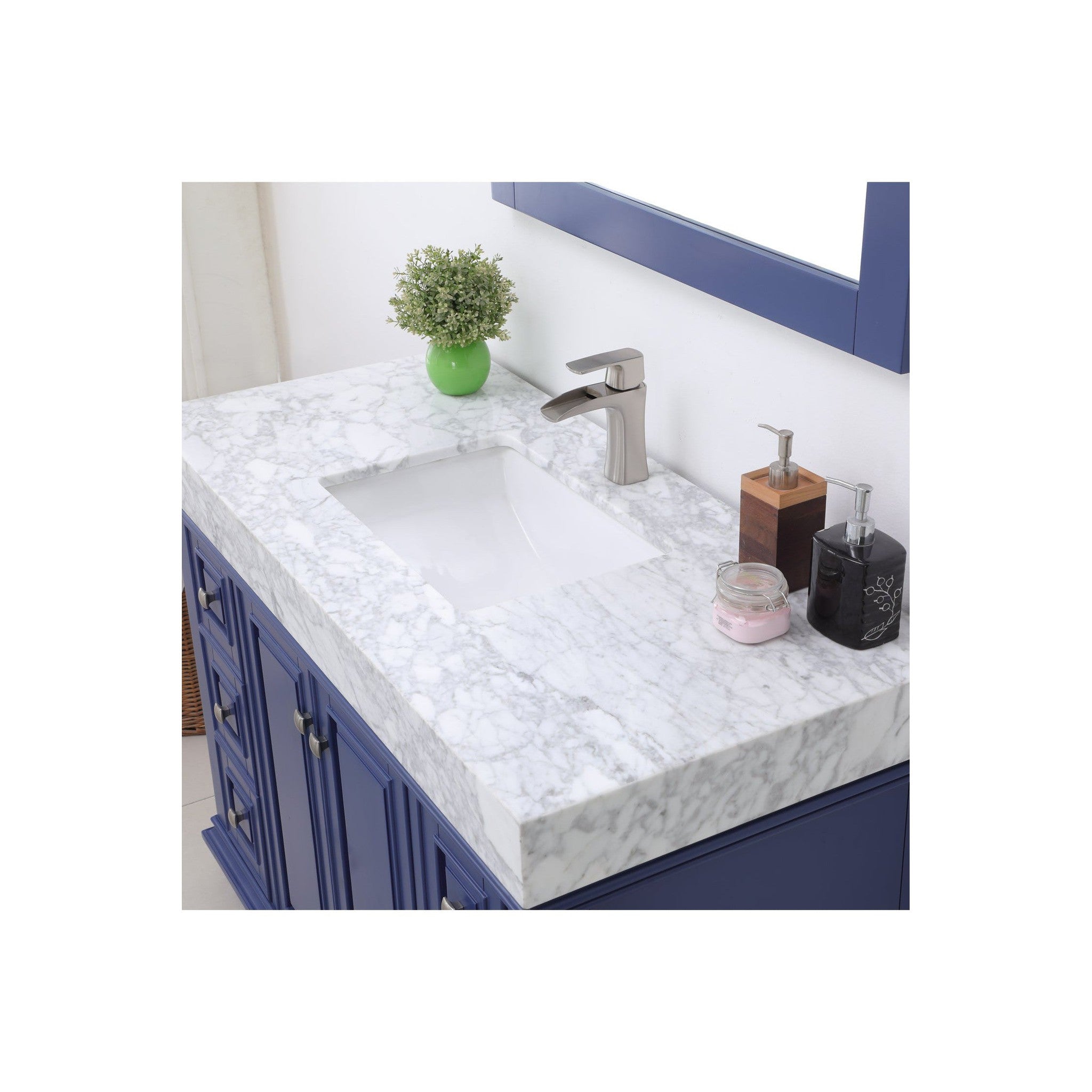 Jardin 48" Single Bathroom Vanity Set in Jewelry Blue and Carrara White Marble Countertop with Mirror