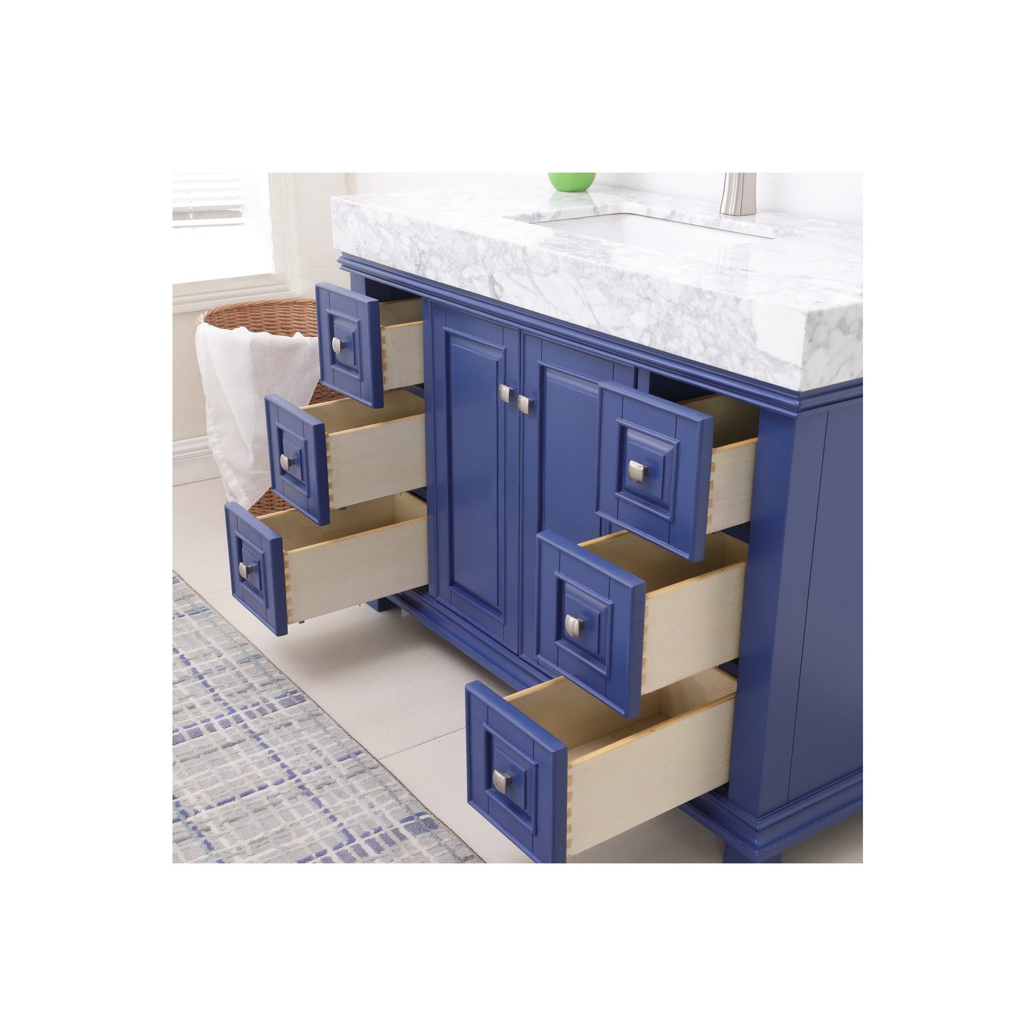 Jardin 48" Single Bathroom Vanity Set in Jewelry Blue and Carrara White Marble Countertop with Mirror