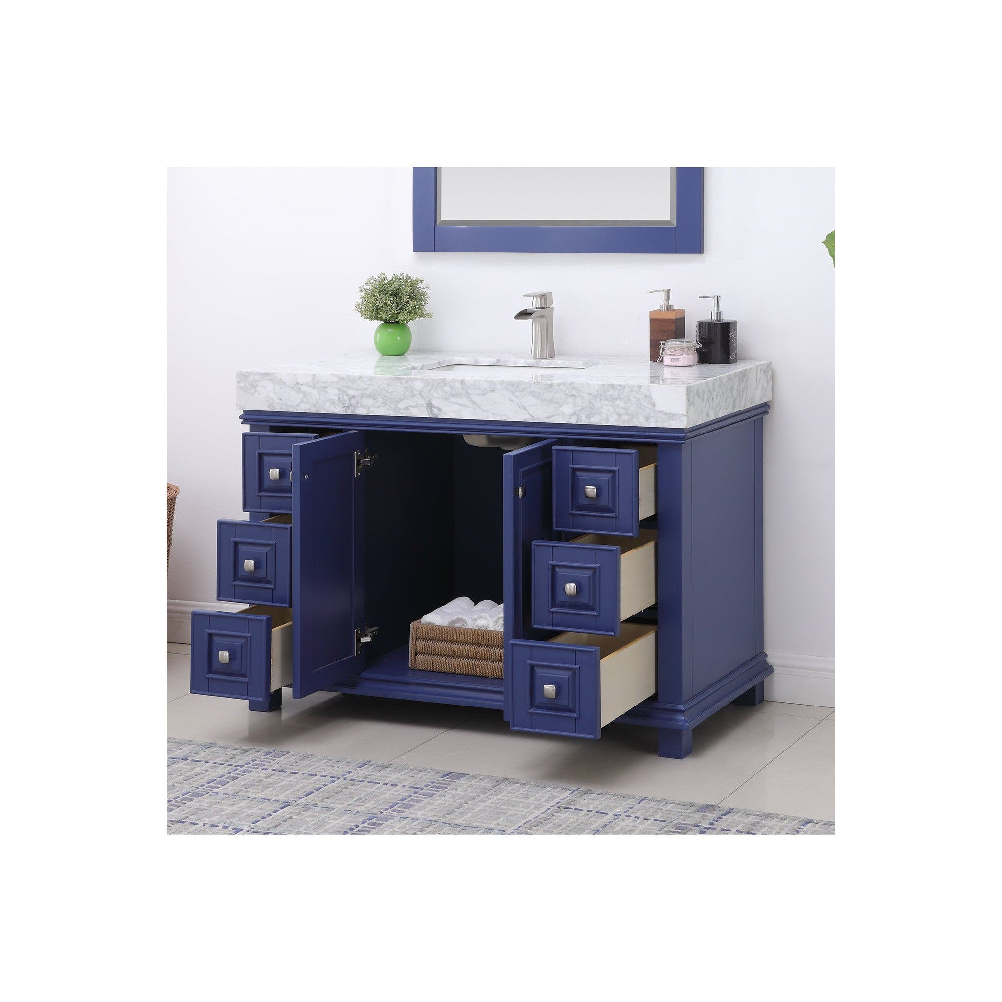 Jardin 48" Single Bathroom Vanity Set in Jewelry Blue and Carrara White Marble Countertop with Mirror