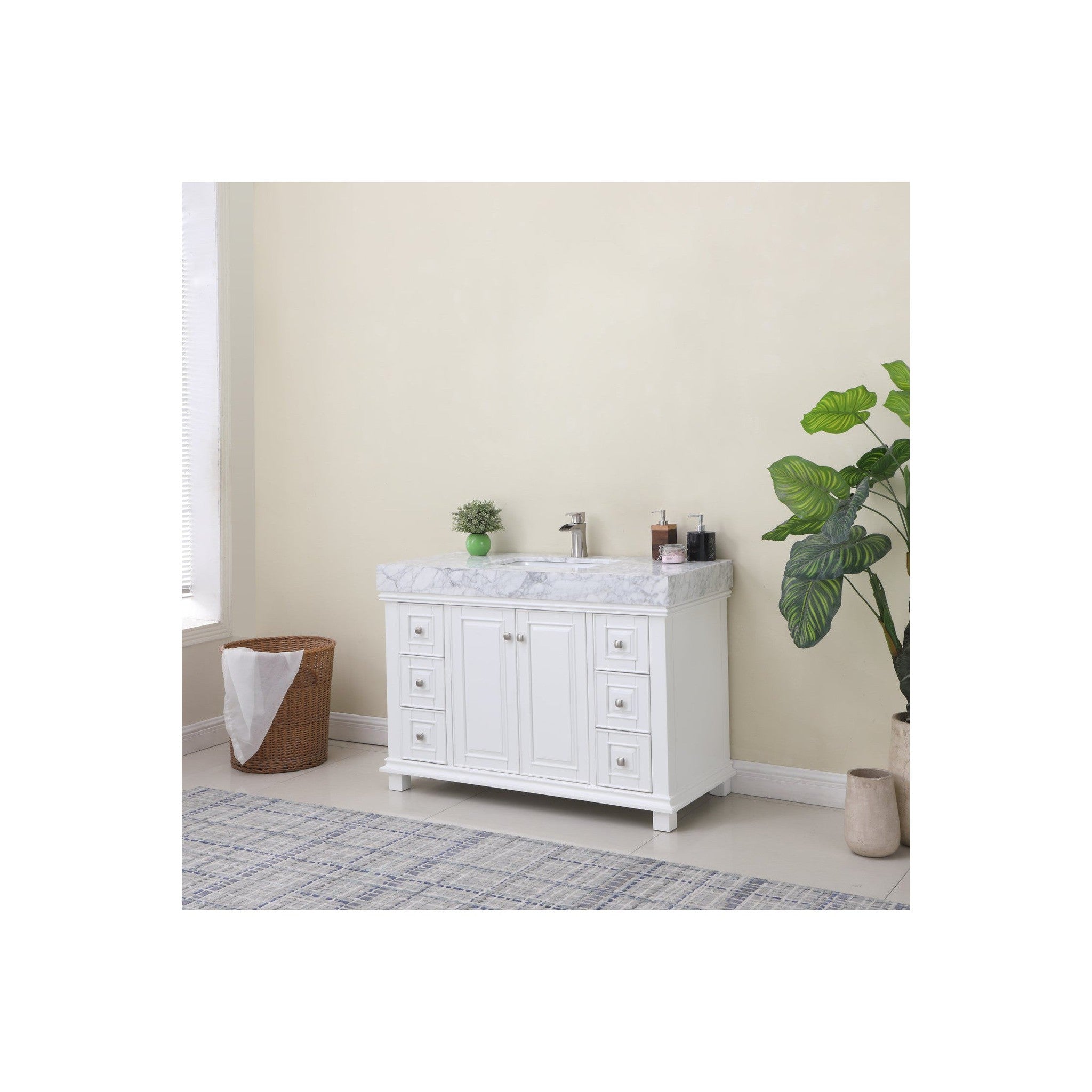 Jardin 48" Single Bathroom Vanity Set in White and Carrara White Marble Countertop without Mirror