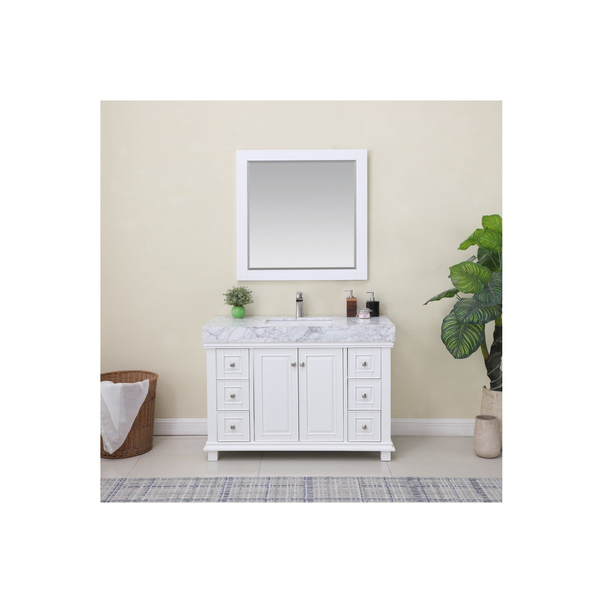 Jardin 48" Single Bathroom Vanity Set in White and Carrara White Marble Countertop with Mirror