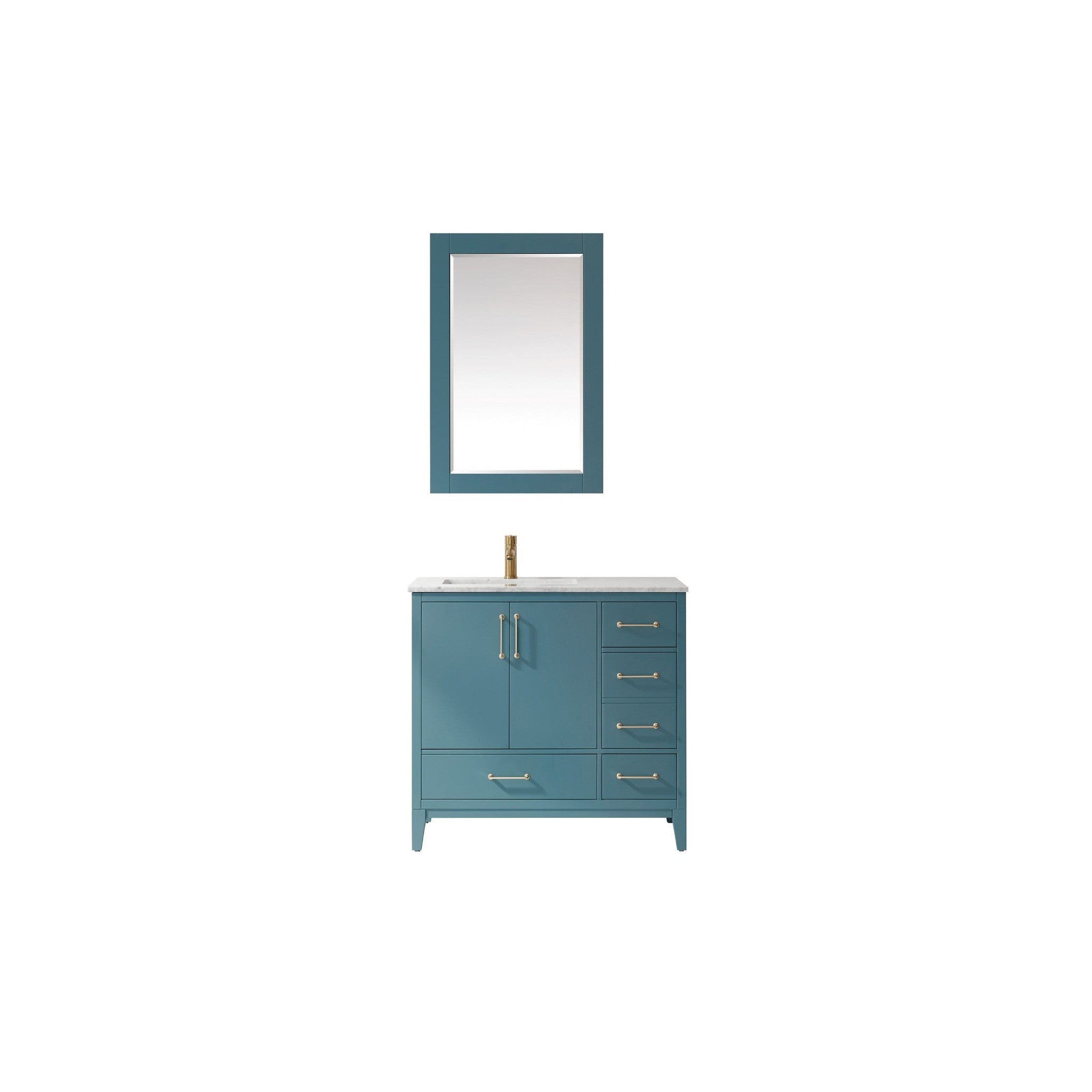 Sutton 36" Single Bathroom Vanity Set in Royal Green and Carrara White Marble Countertop with Mirror