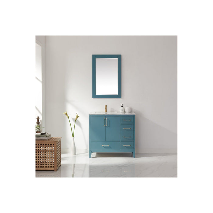 Sutton 36" Single Bathroom Vanity Set in Royal Green and Carrara White Marble Countertop with Mirror