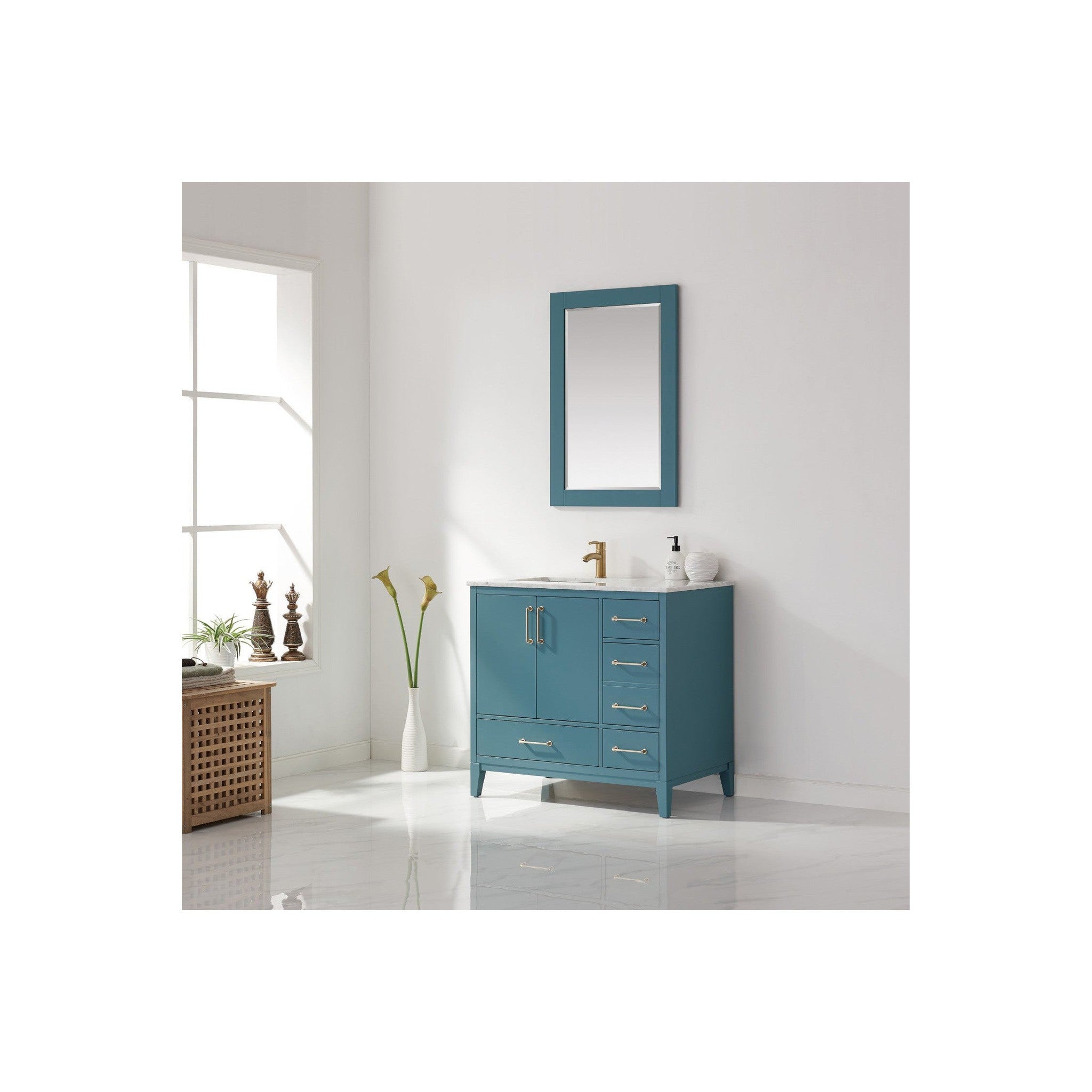 Sutton 36" Single Bathroom Vanity Set in Royal Green and Carrara White Marble Countertop with Mirror