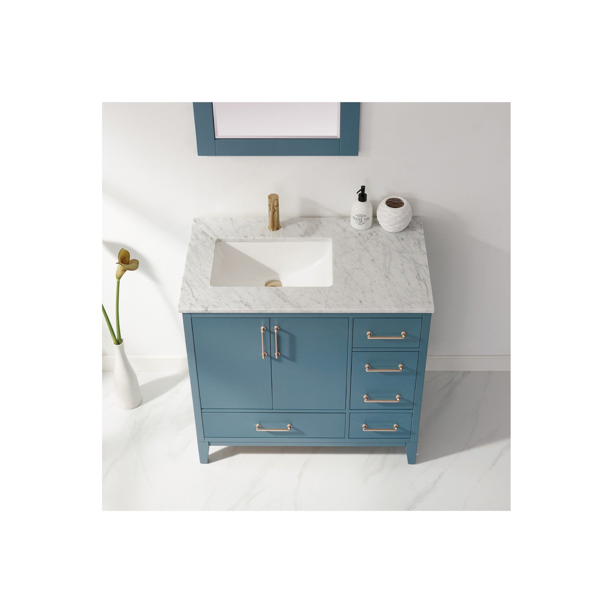 Sutton 36" Single Bathroom Vanity Set in Royal Green and Carrara White Marble Countertop with Mirror