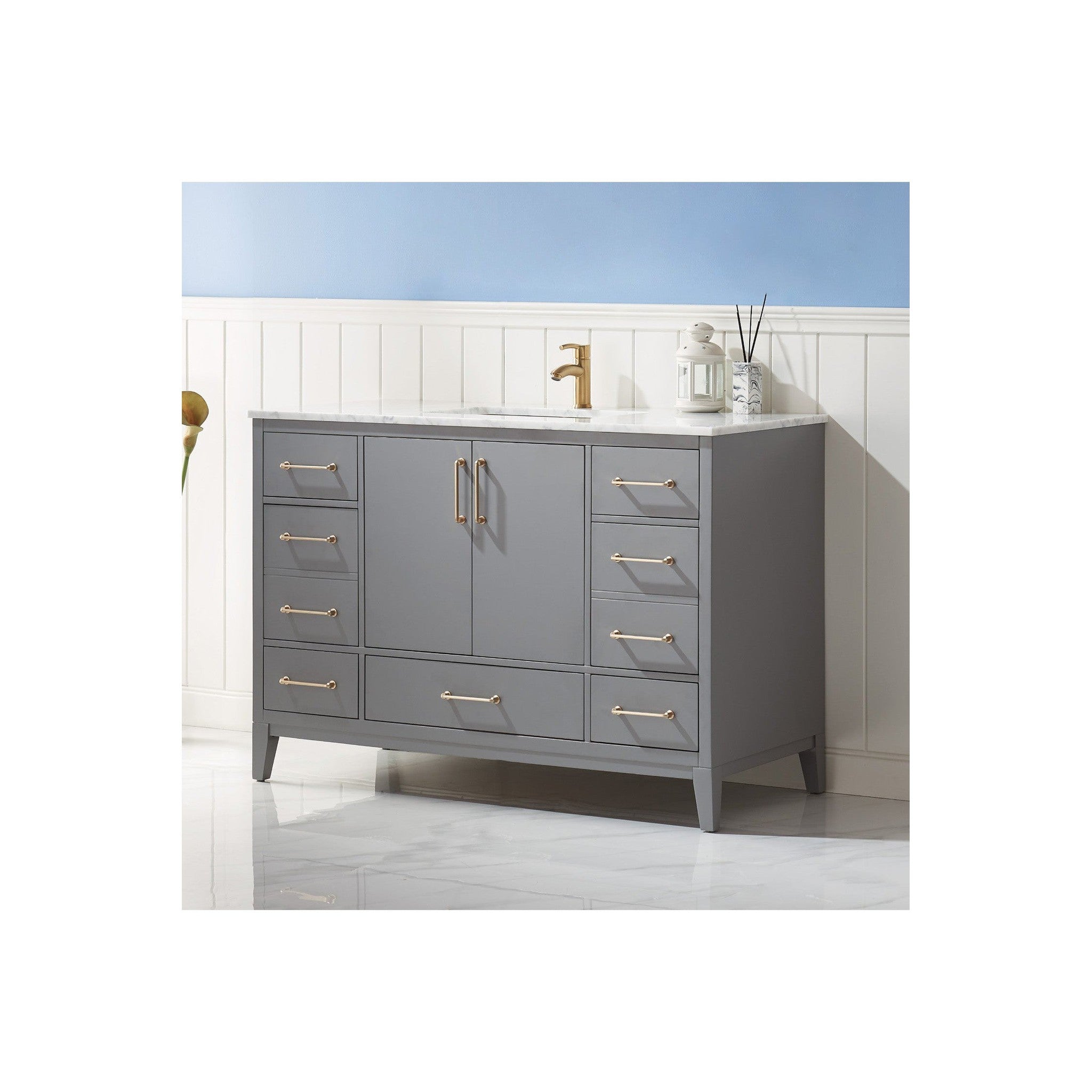 Sutton 48" Single Bathroom Vanity Set in Gray and Carrara White Marble Countertop without Mirror