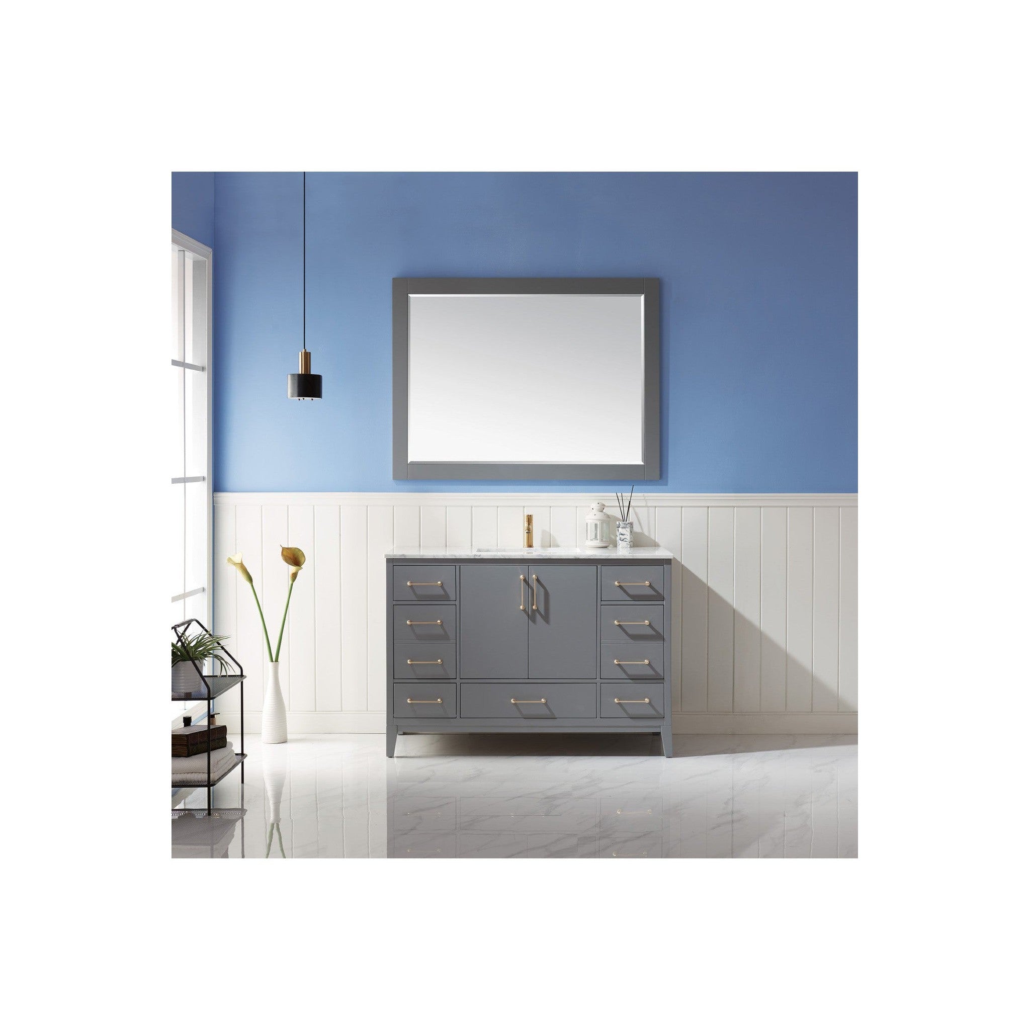 Sutton 48" Single Bathroom Vanity Set in Gray and Carrara White Marble Countertop with Mirror