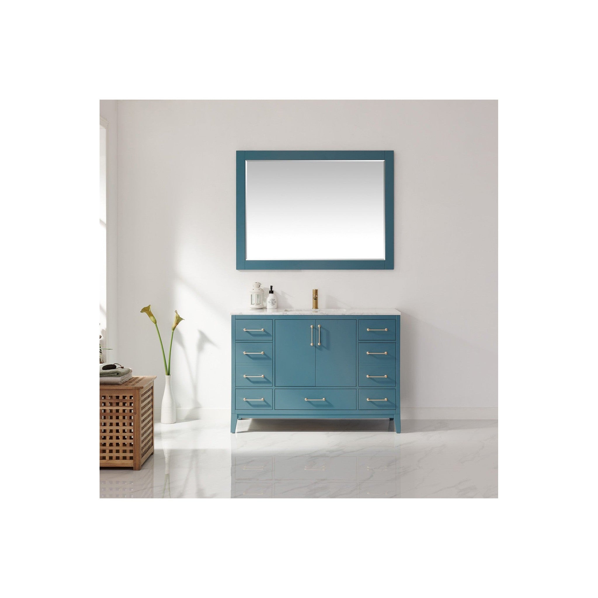 Sutton 48" Single Bathroom Vanity Set in Royal Green and Carrara White Marble Countertop with Mirror