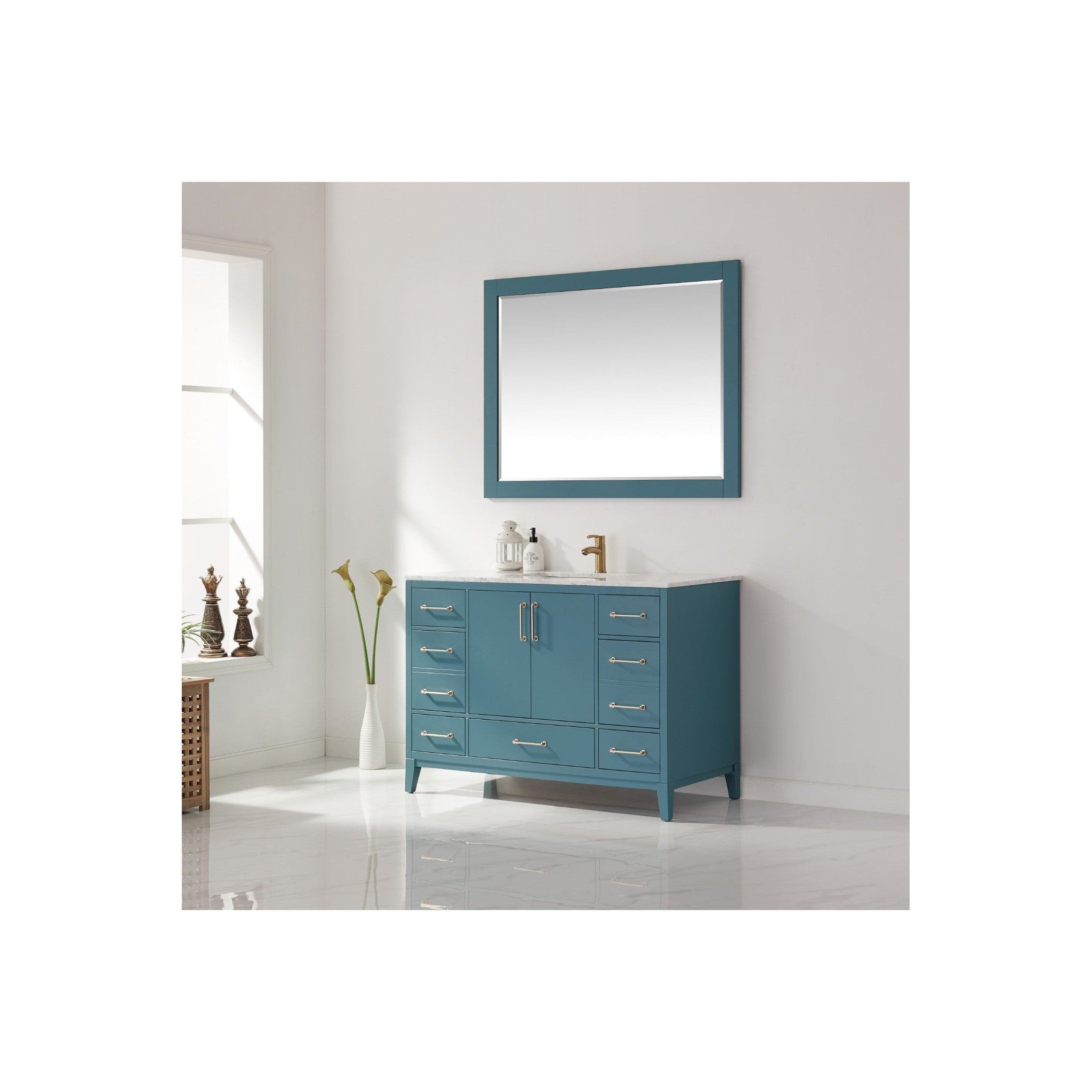 Sutton 48" Single Bathroom Vanity Set in Royal Green and Carrara White Marble Countertop with Mirror