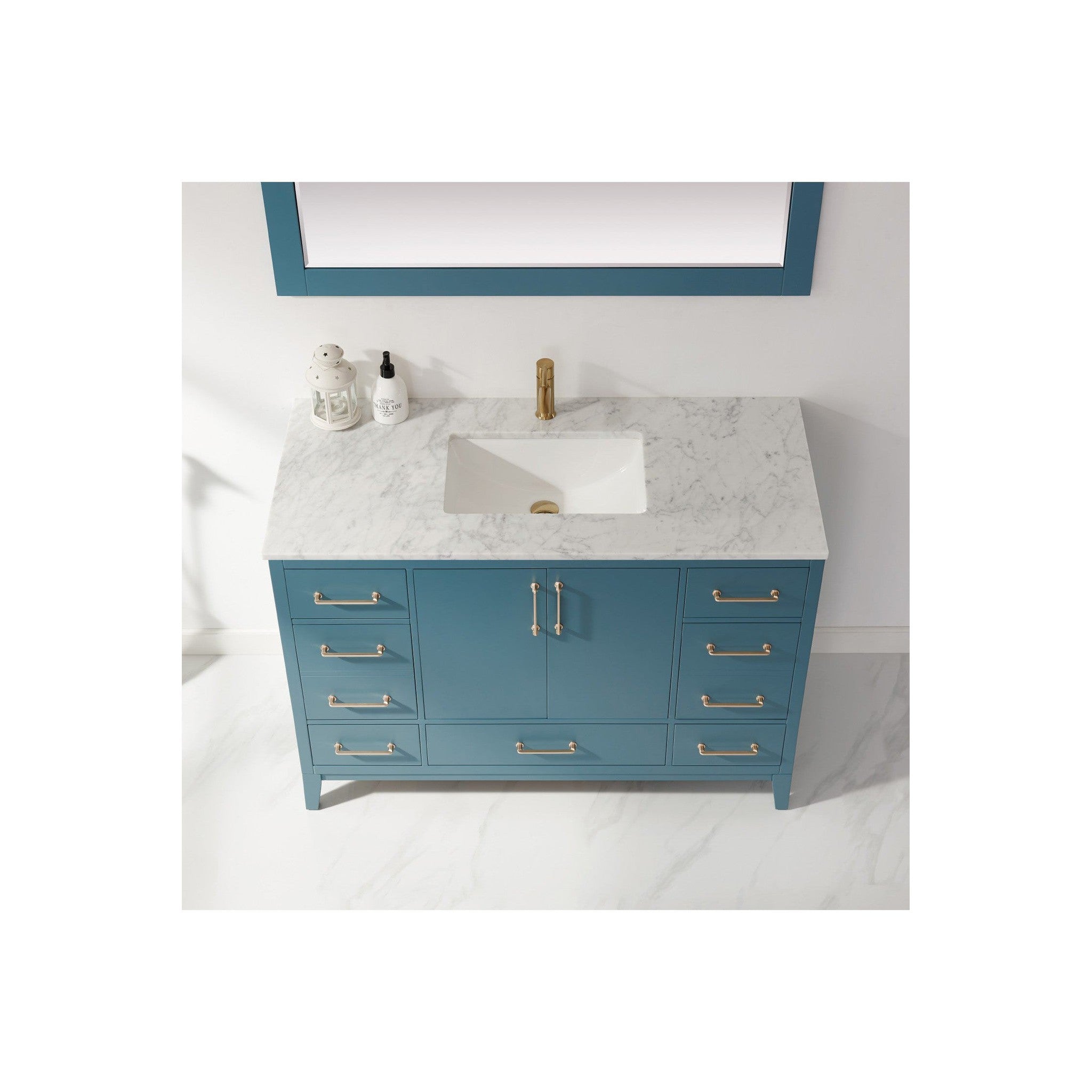 Sutton 48" Single Bathroom Vanity Set in Royal Green and Carrara White Marble Countertop with Mirror