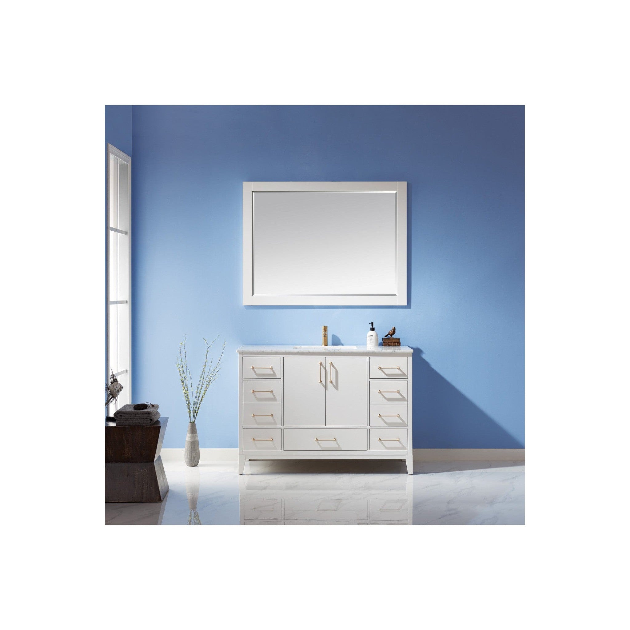 Sutton 48" Single Bathroom Vanity Set in White and Carrara White Marble Countertop with Mirror