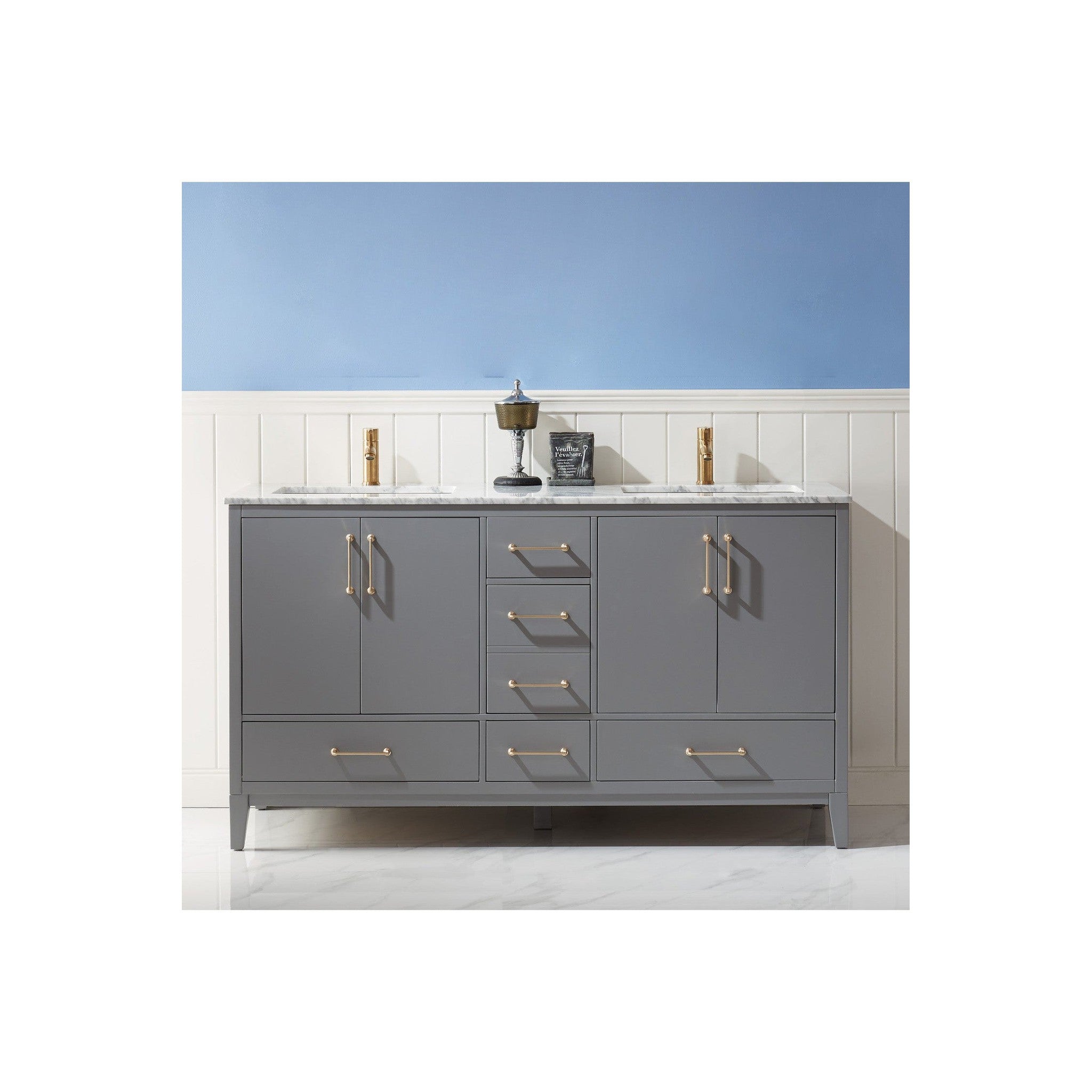 Sutton 60" Double Bathroom Vanity Set in Gray and Carrara White Marble Countertop without Mirror