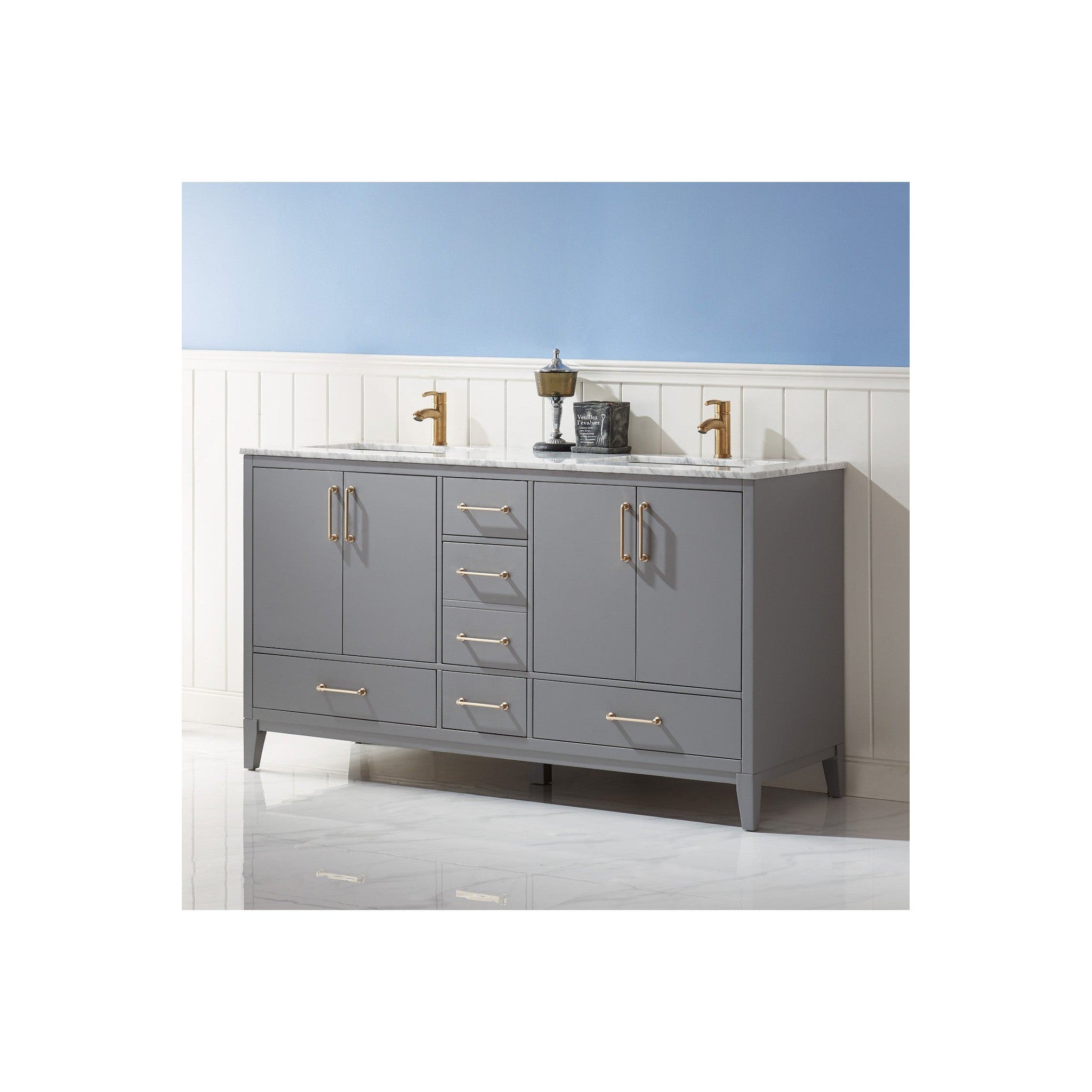 Sutton 60" Double Bathroom Vanity Set in Gray and Carrara White Marble Countertop without Mirror