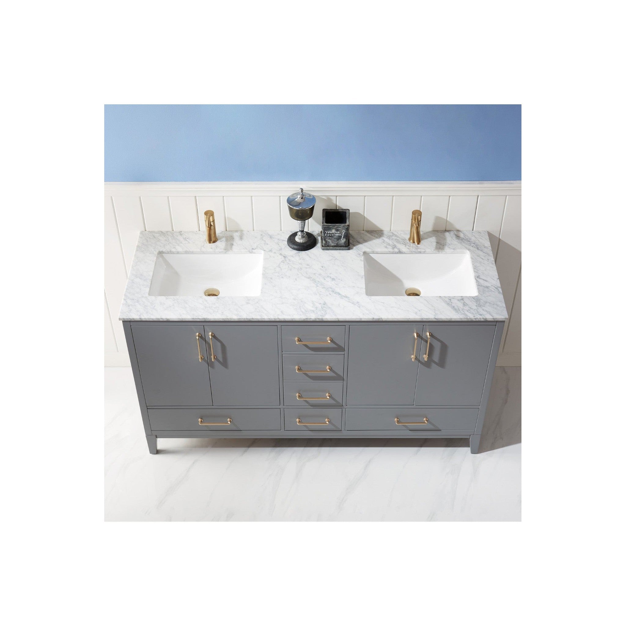 Sutton 60" Double Bathroom Vanity Set in Gray and Carrara White Marble Countertop without Mirror