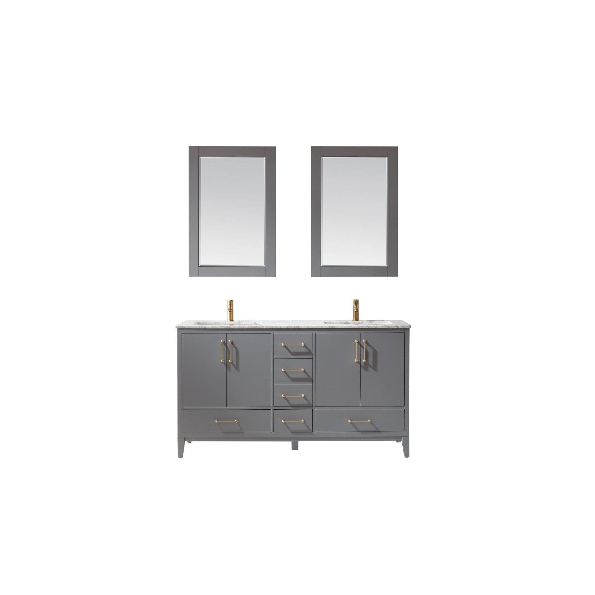 Sutton 60" Double Bathroom Vanity Set in Gray and Carrara White Marble Countertop with Mirror