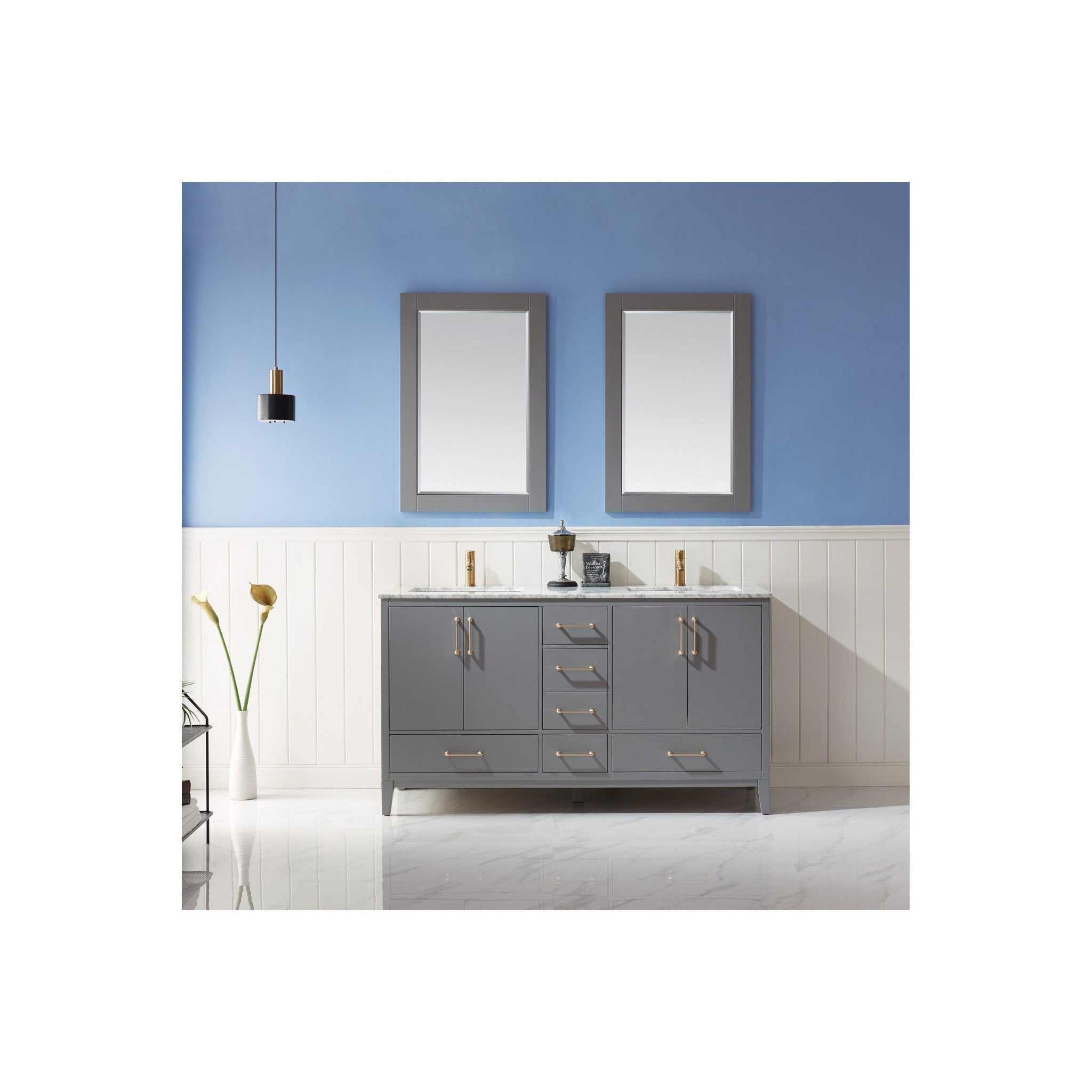 Sutton 60" Double Bathroom Vanity Set in Gray and Carrara White Marble Countertop with Mirror