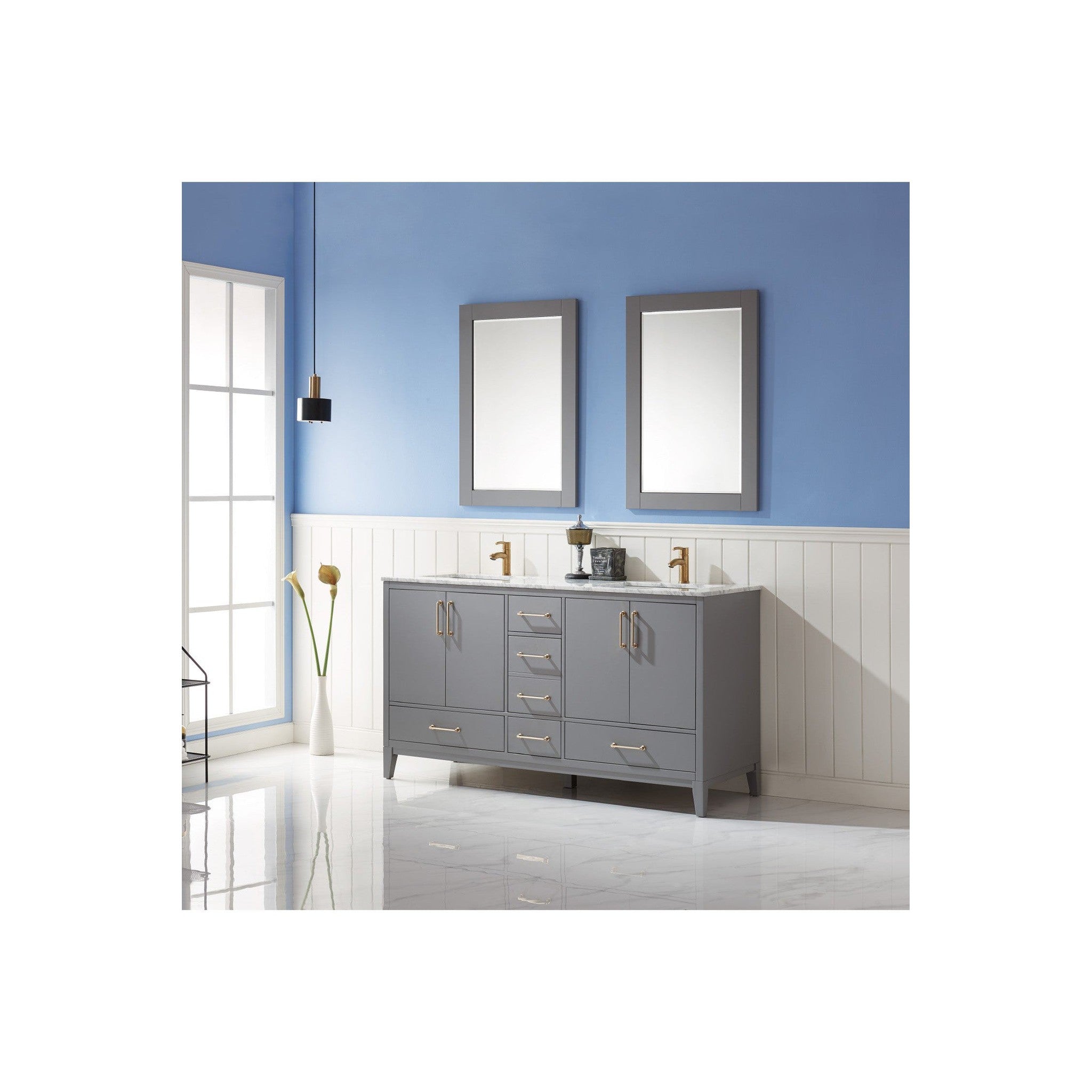 Sutton 60" Double Bathroom Vanity Set in Gray and Carrara White Marble Countertop with Mirror