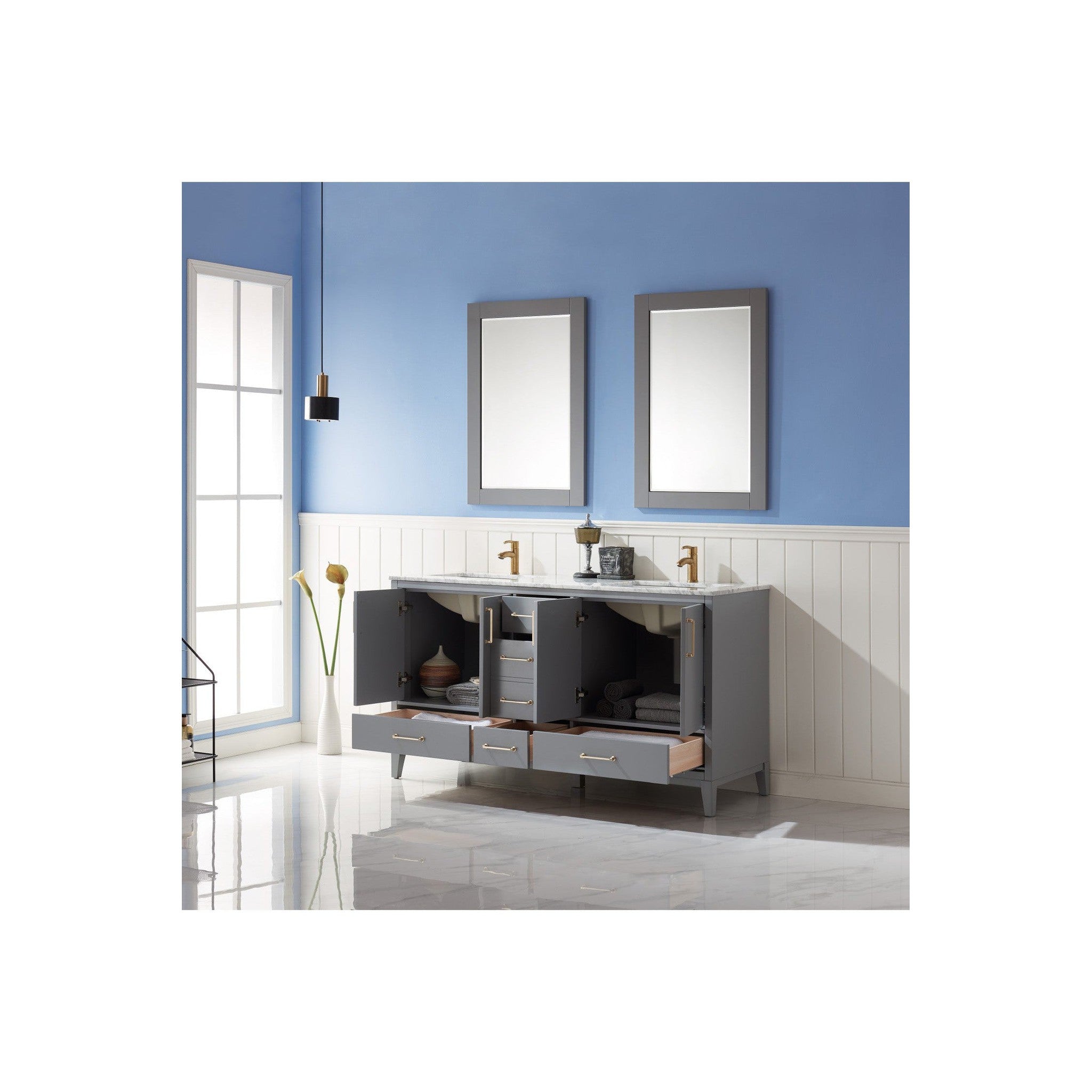 Sutton 60" Double Bathroom Vanity Set in Gray and Carrara White Marble Countertop with Mirror