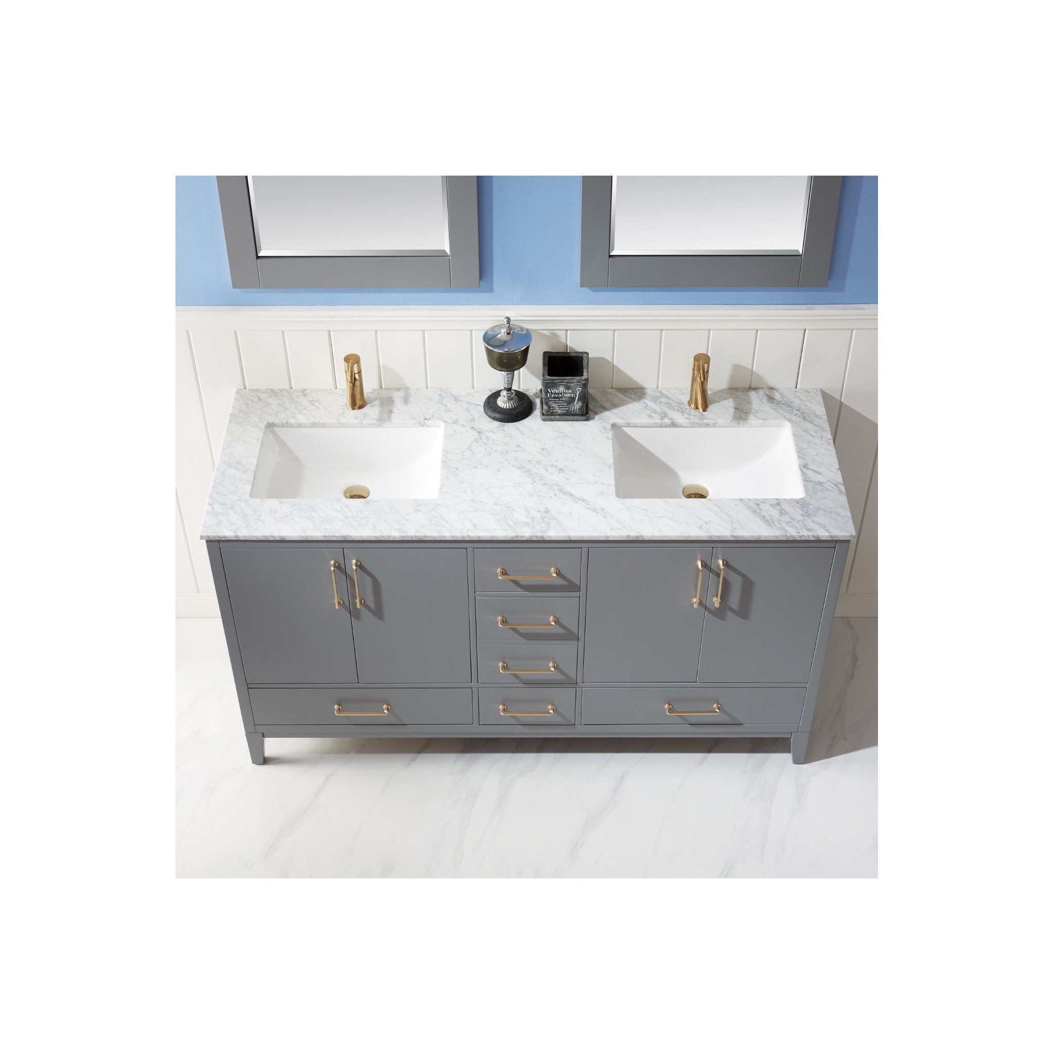 Sutton 60" Double Bathroom Vanity Set in Gray and Carrara White Marble Countertop with Mirror