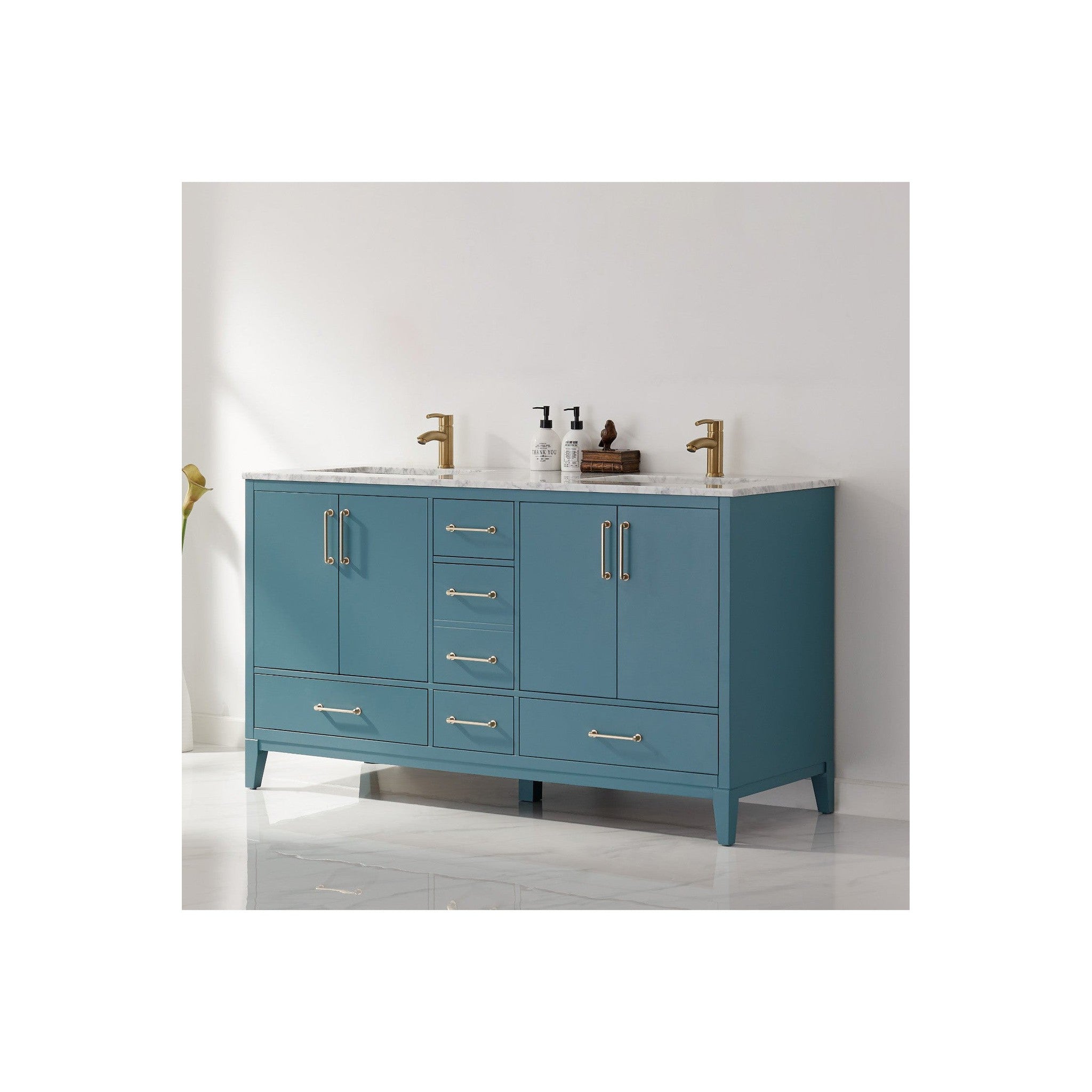 Sutton 60" Double Bathroom Vanity Set in Royal Green and Carrara White Marble Countertop without Mirror