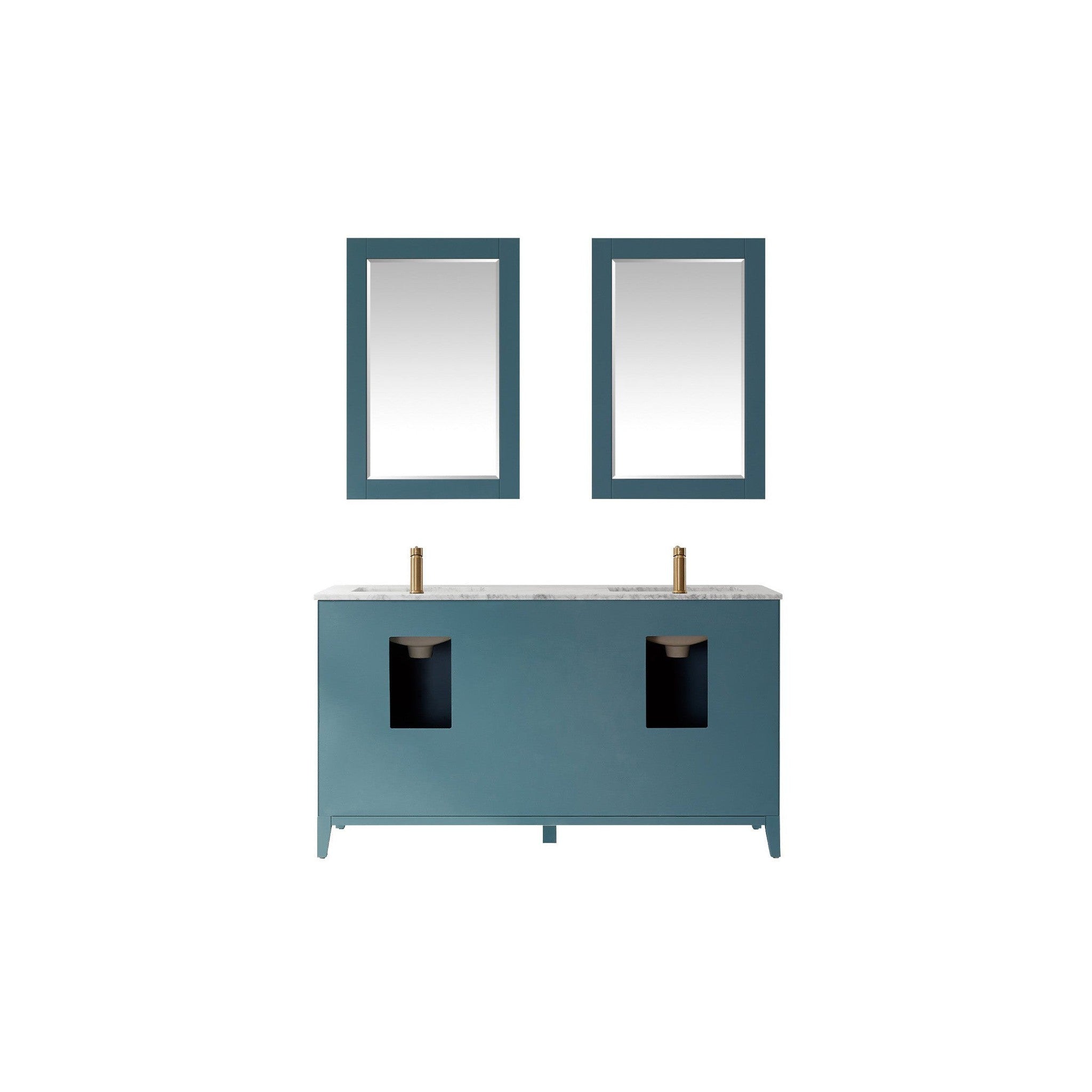 Sutton 60" Double Bathroom Vanity Set in Royal Green and Carrara White Marble Countertop with Mirror