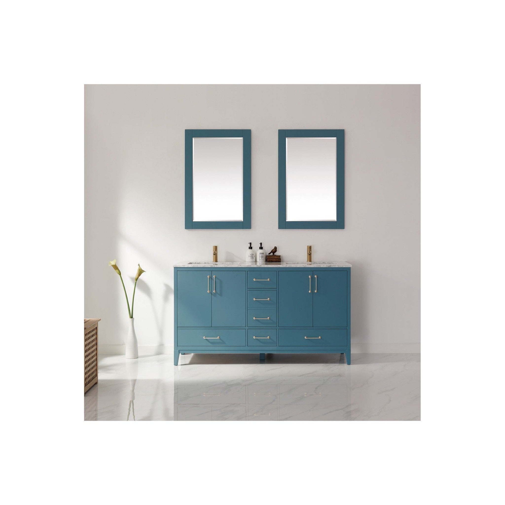 Sutton 60" Double Bathroom Vanity Set in Royal Green and Carrara White Marble Countertop with Mirror