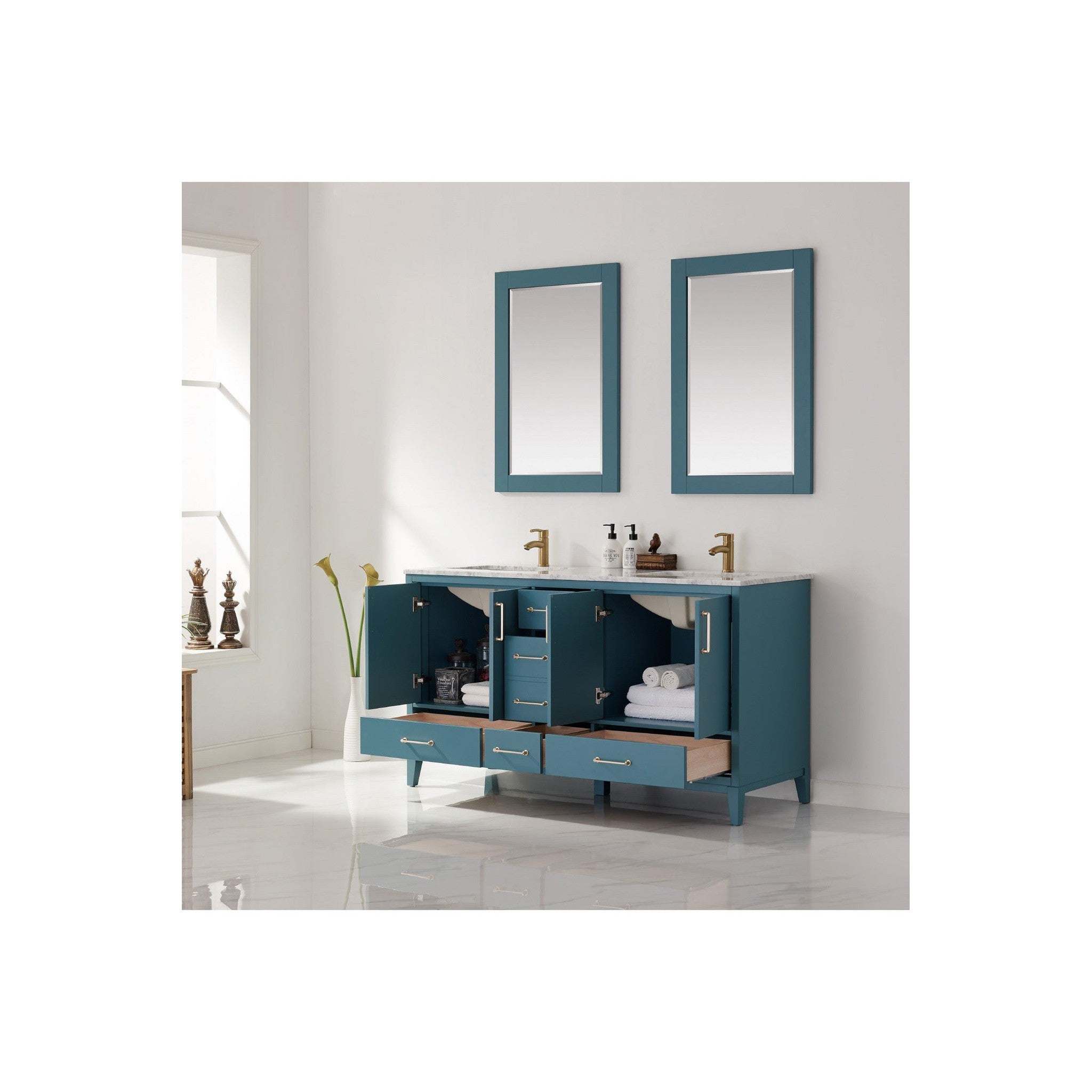 Sutton 60" Double Bathroom Vanity Set in Royal Green and Carrara White Marble Countertop with Mirror