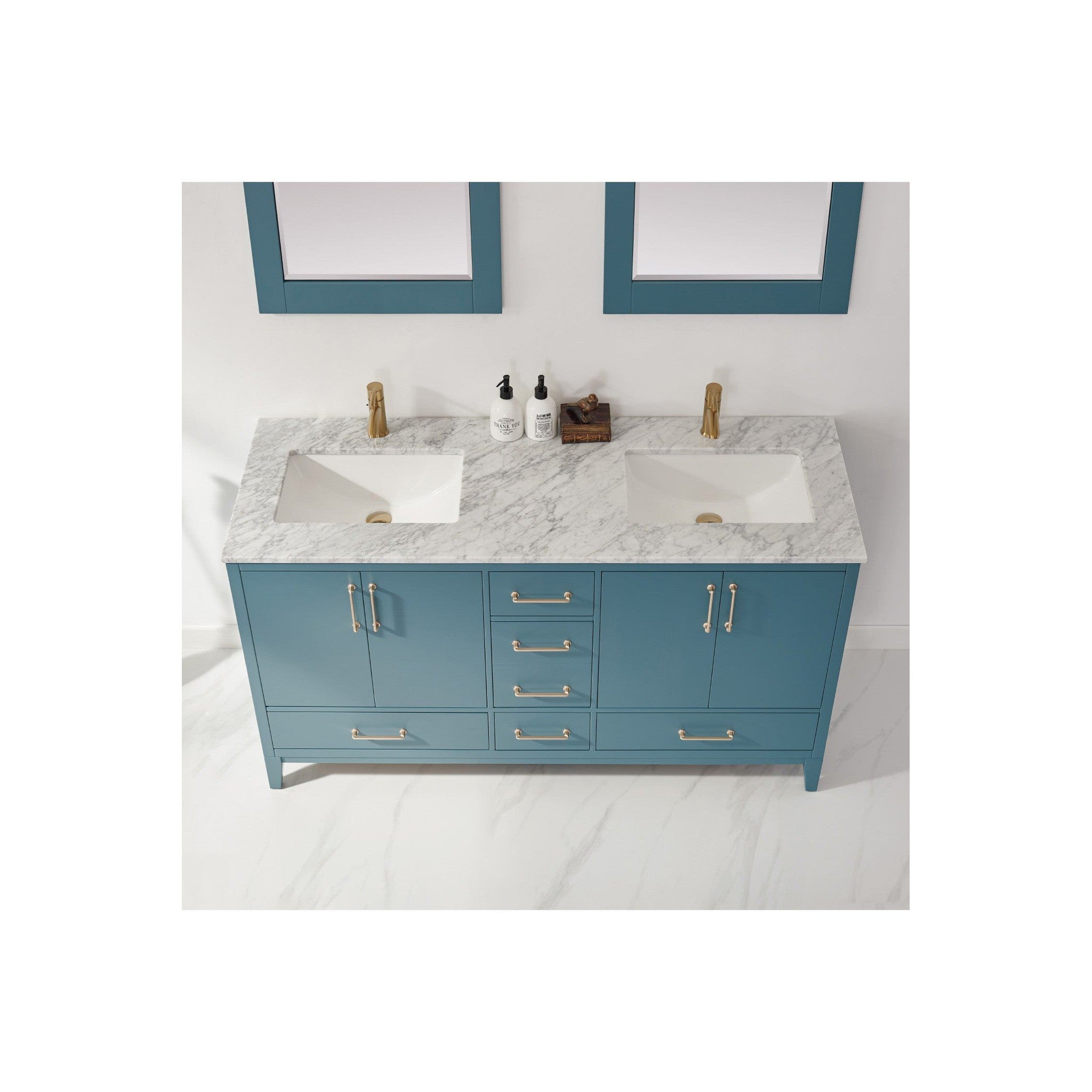 Sutton 60" Double Bathroom Vanity Set in Royal Green and Carrara White Marble Countertop with Mirror