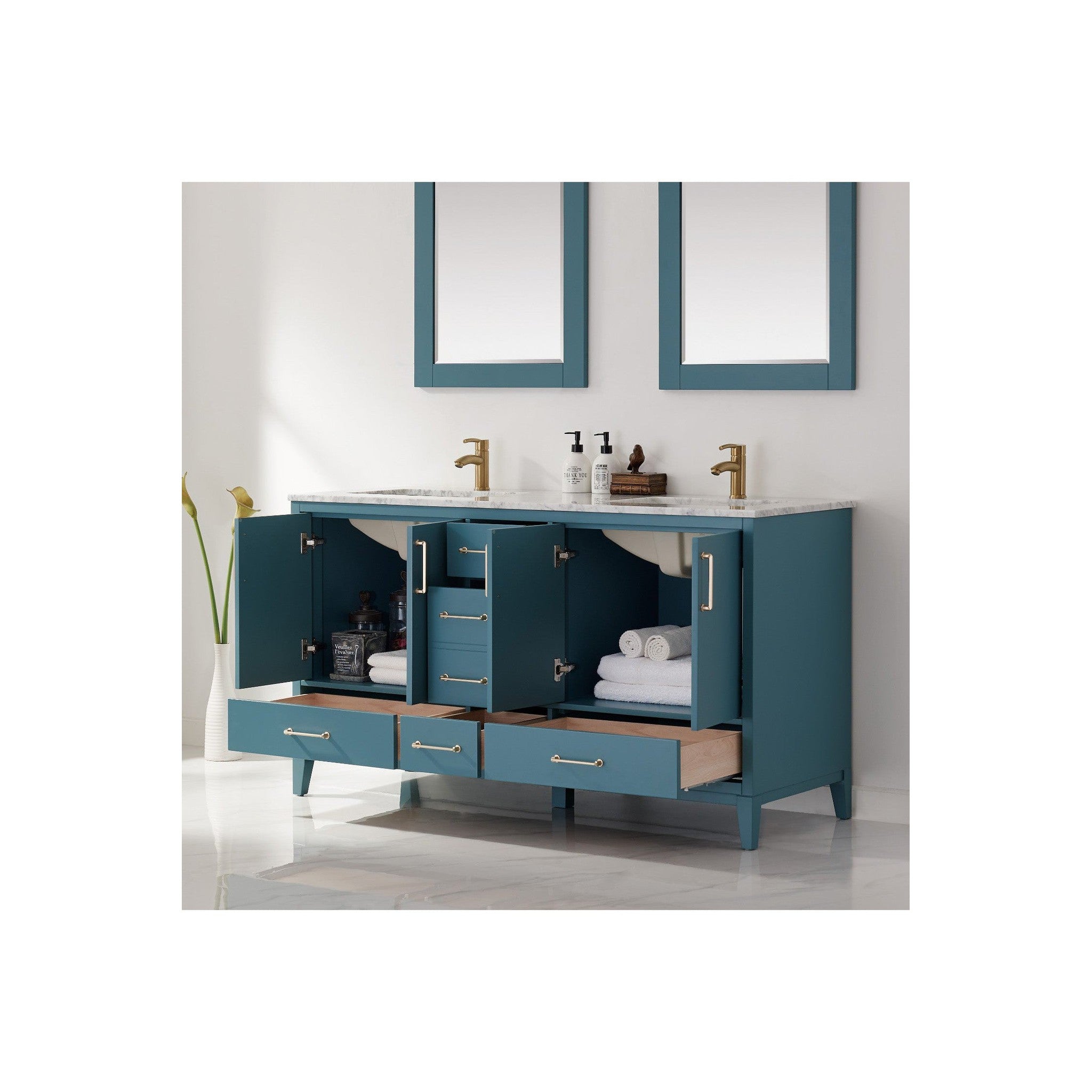 Sutton 60" Double Bathroom Vanity Set in Royal Green and Carrara White Marble Countertop with Mirror