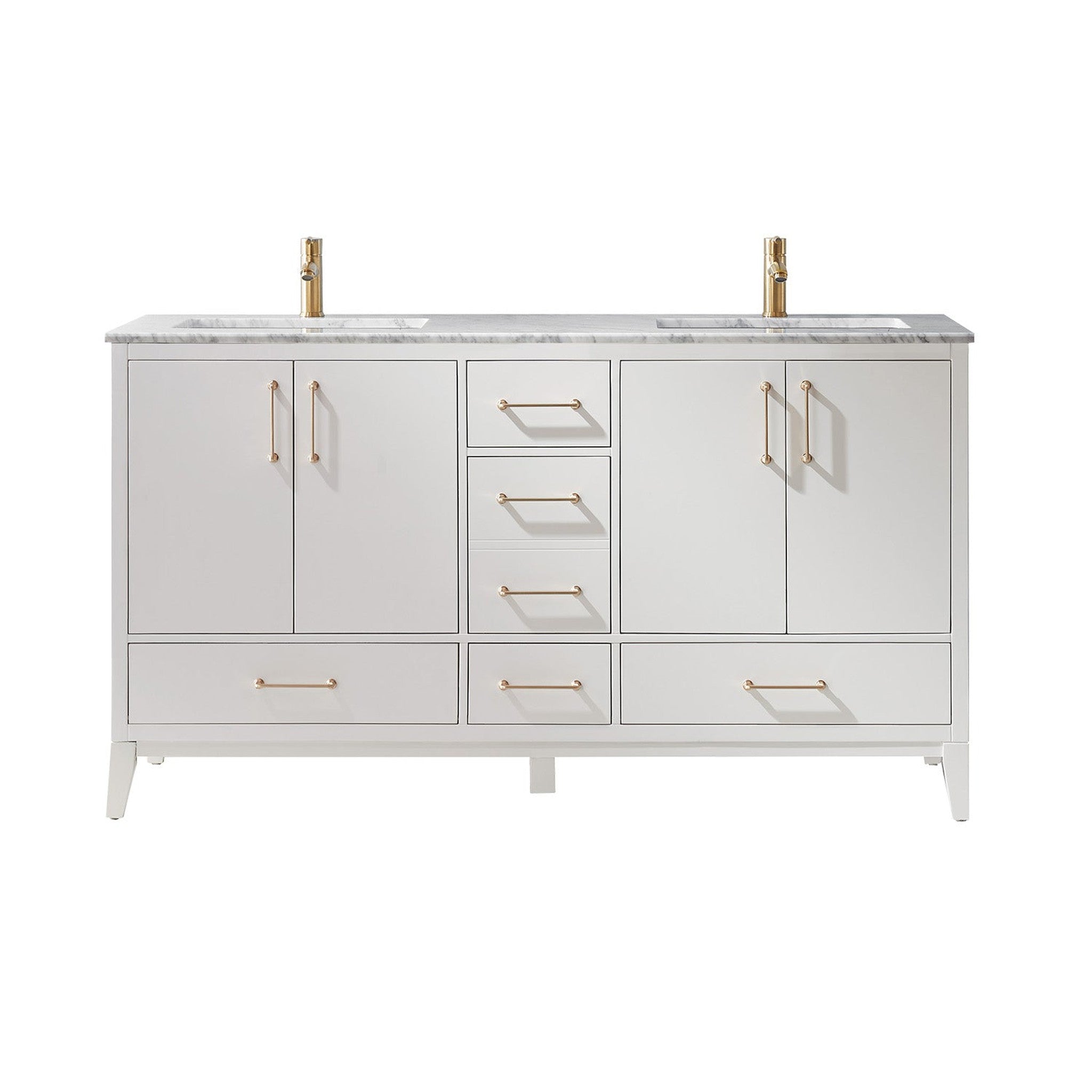 Sutton 60" Double Bathroom Vanity Set in White and Carrara White Marble Countertop without Mirror