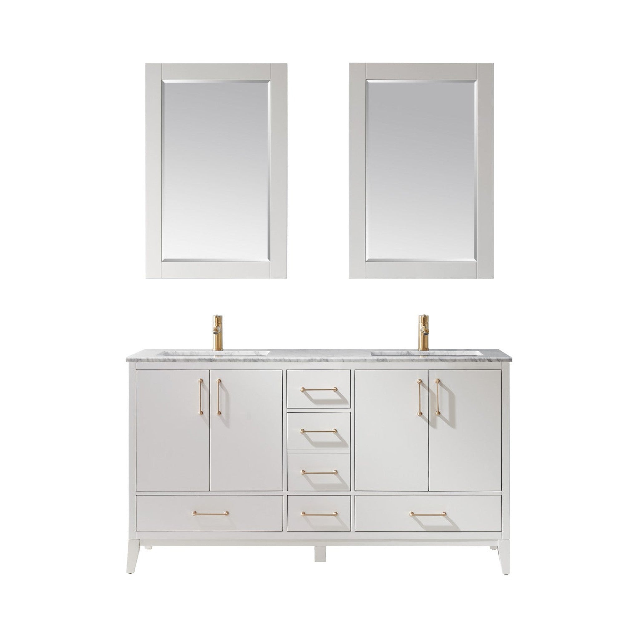 Sutton 60" Double Bathroom Vanity Set in White and Carrara White Marble Countertop with Mirror