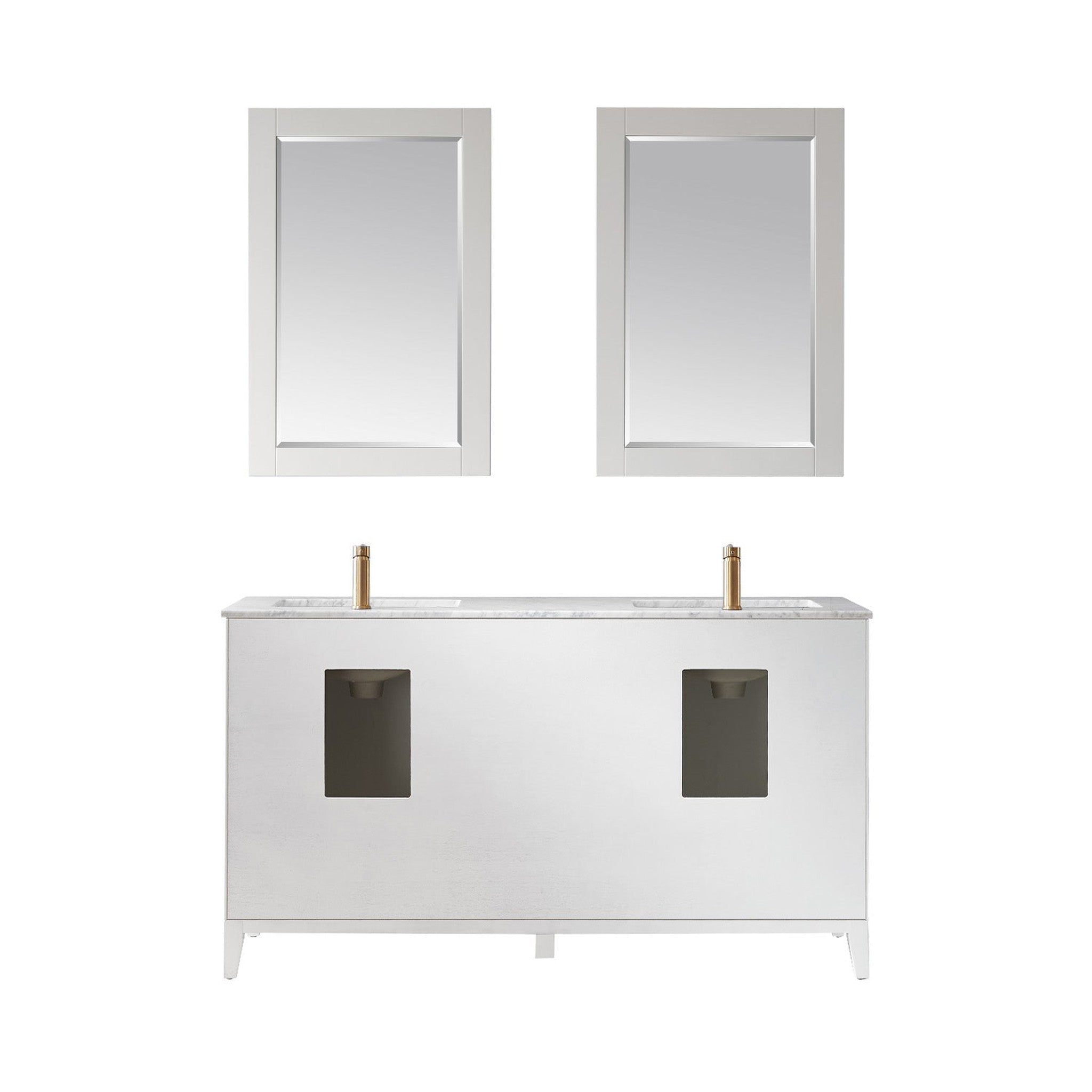 Sutton 60" Double Bathroom Vanity Set in White and Carrara White Marble Countertop with Mirror