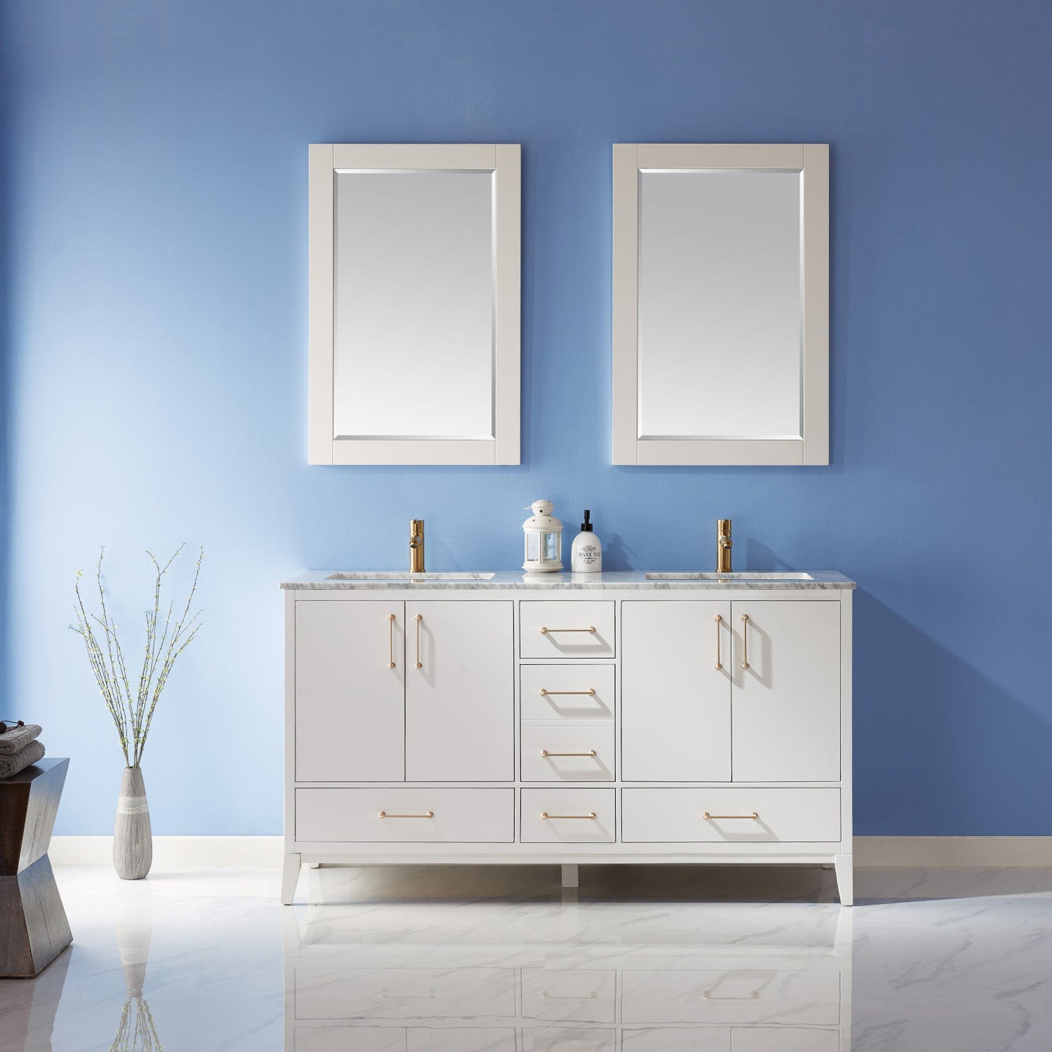 Sutton 60" Double Bathroom Vanity Set in White and Carrara White Marble Countertop with Mirror