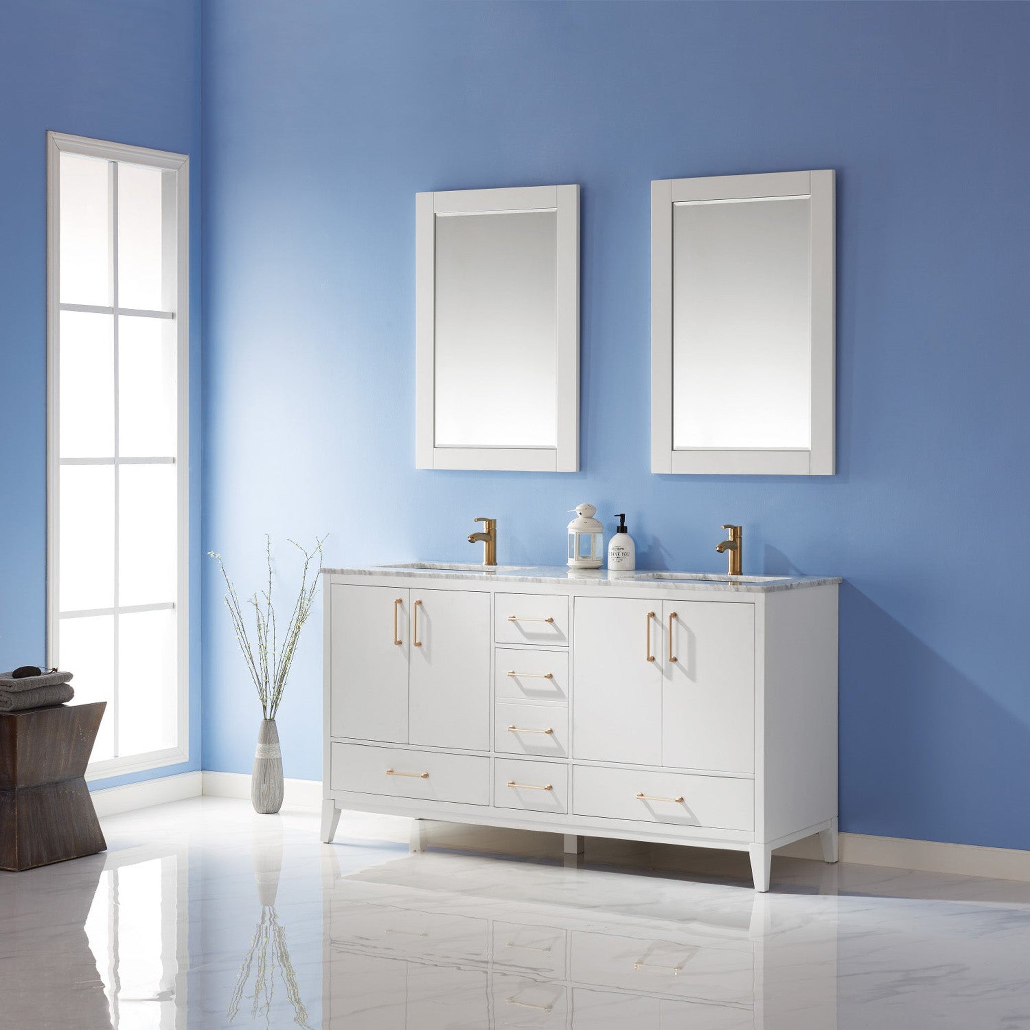 Sutton 60" Double Bathroom Vanity Set in White and Carrara White Marble Countertop with Mirror