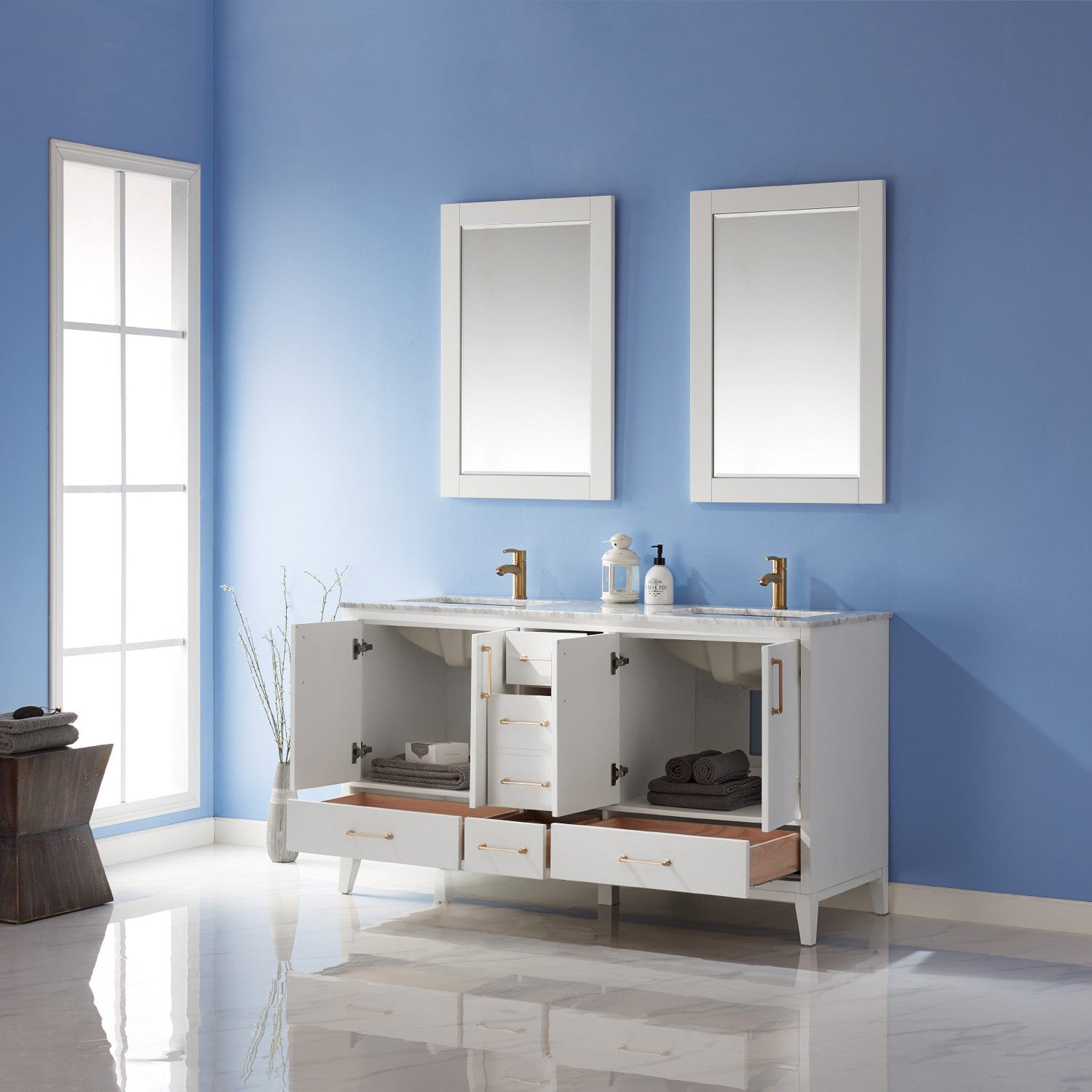 Sutton 60" Double Bathroom Vanity Set in White and Carrara White Marble Countertop with Mirror