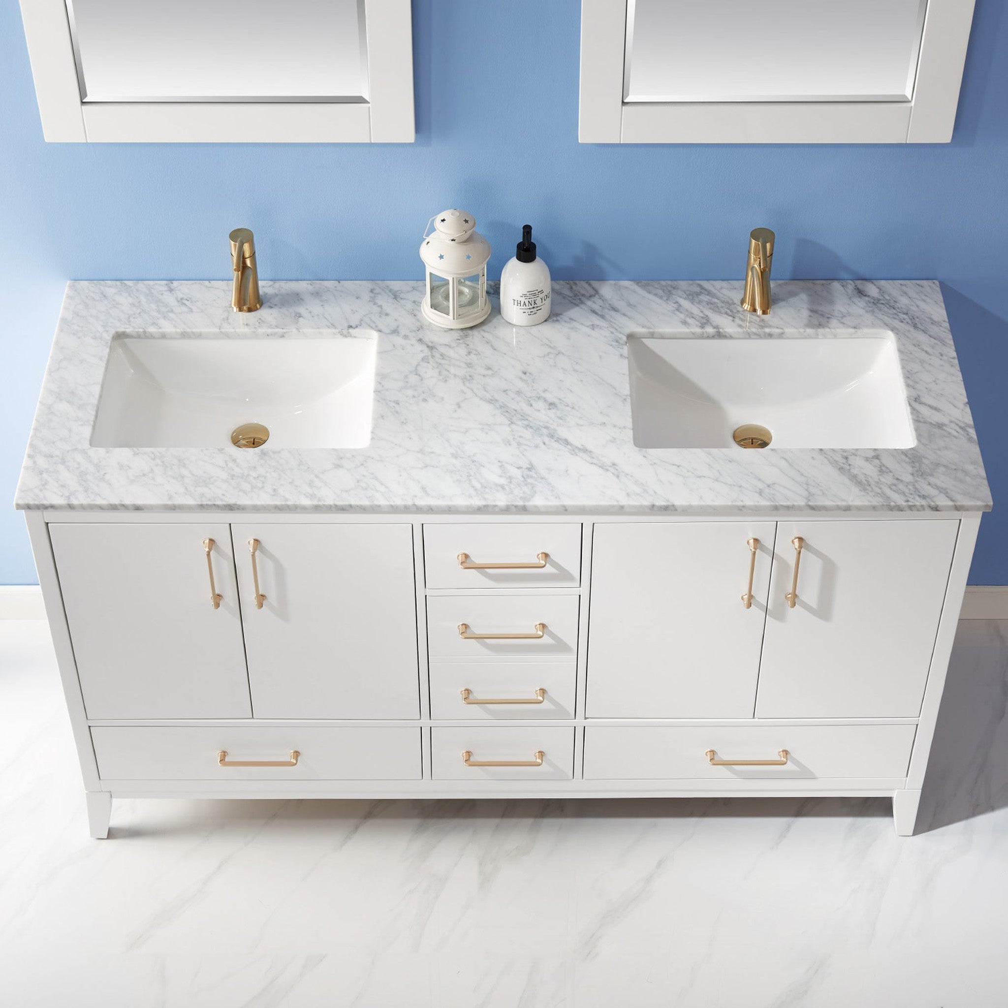 Sutton 60" Double Bathroom Vanity Set in White and Carrara White Marble Countertop with Mirror