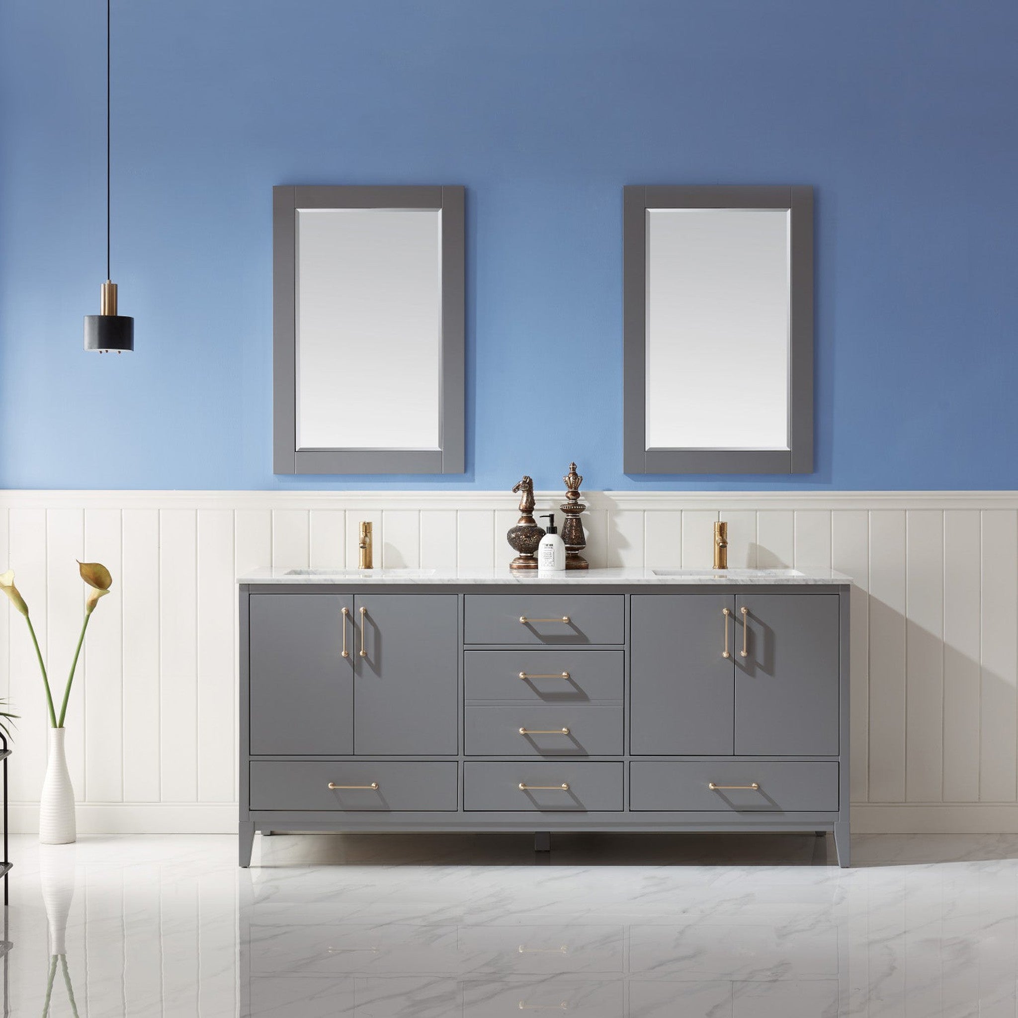 Sutton 72" Double Bathroom Vanity Set in Gray and Carrara White Marble Countertop with Mirror