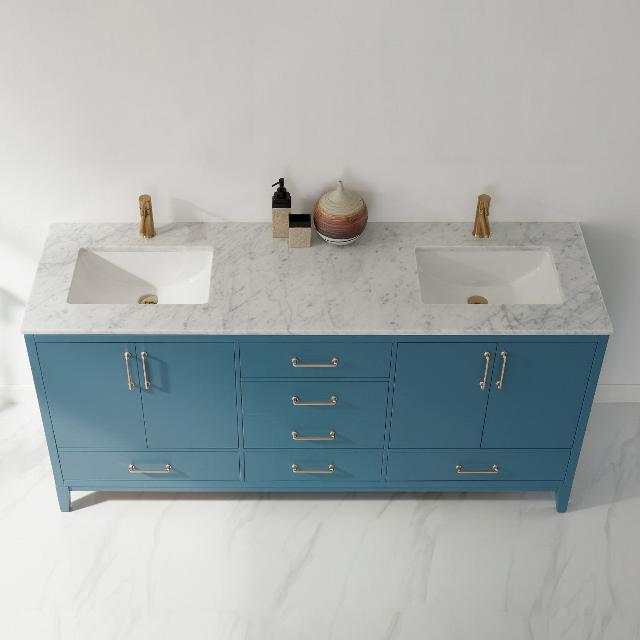 Sutton 72" Double Bathroom Vanity Set in Royal Green and Carrara White Marble Countertop without Mirror