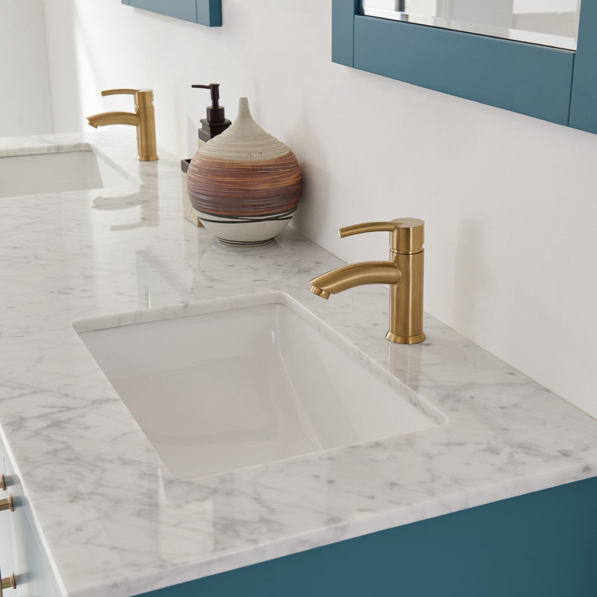 Sutton 72" Double Bathroom Vanity Set in Royal Green and Carrara White Marble Countertop without Mirror