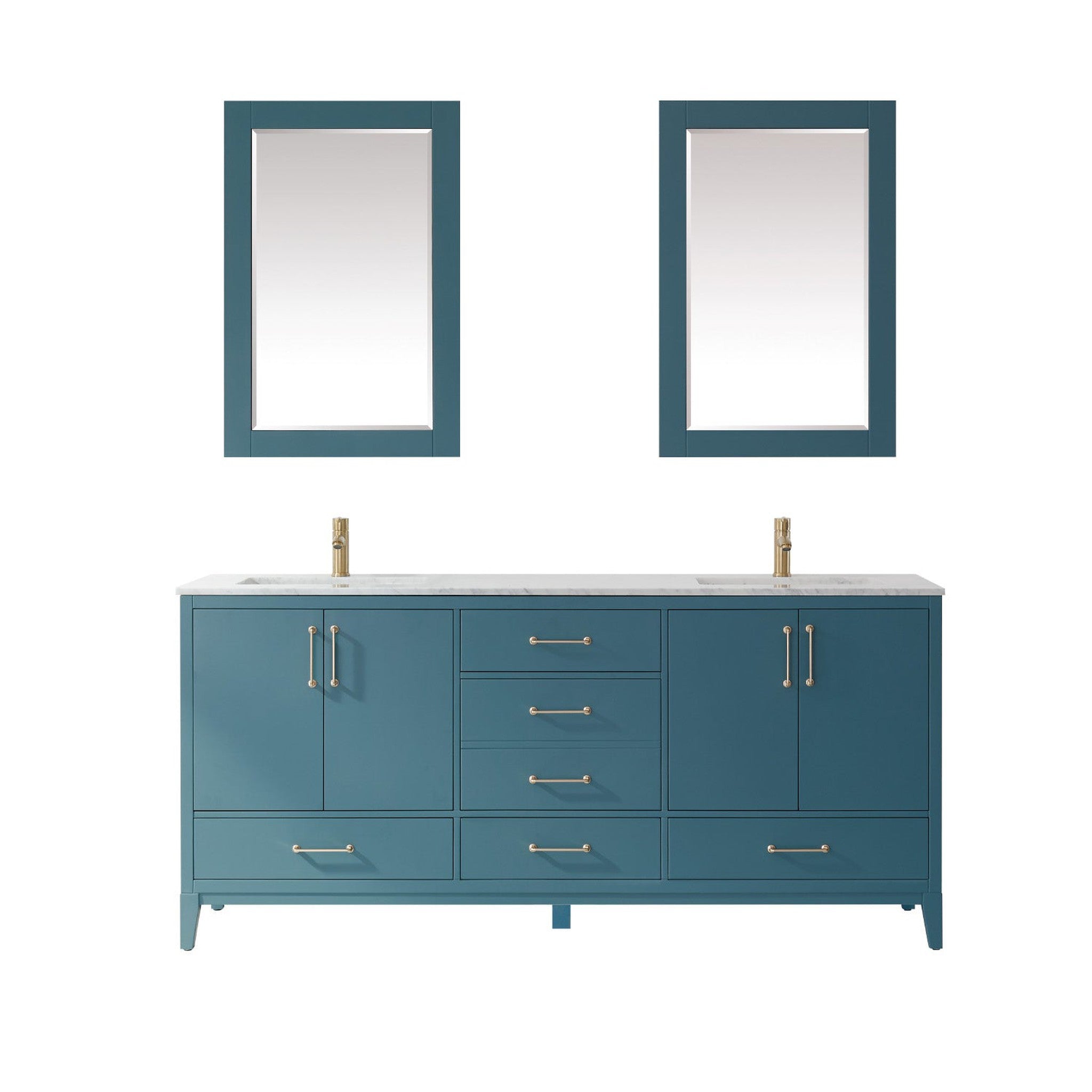 Sutton 72" Double Bathroom Vanity Set in Royal Green and Carrara White Marble Countertop with Mirror