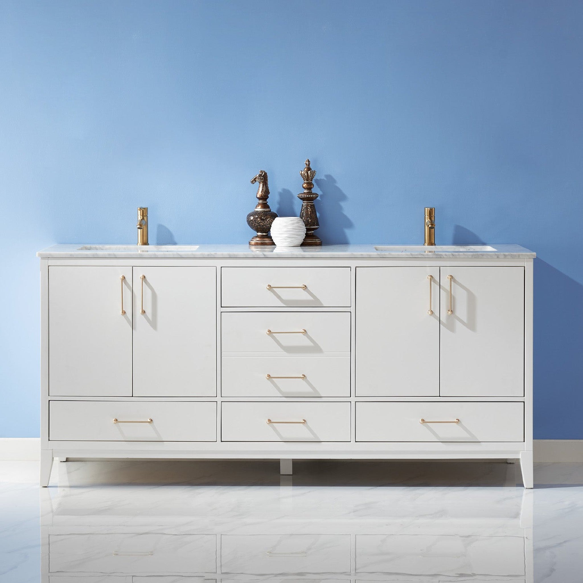 Sutton 72" Double Bathroom Vanity Set in White and Carrara White Marble Countertop without Mirror