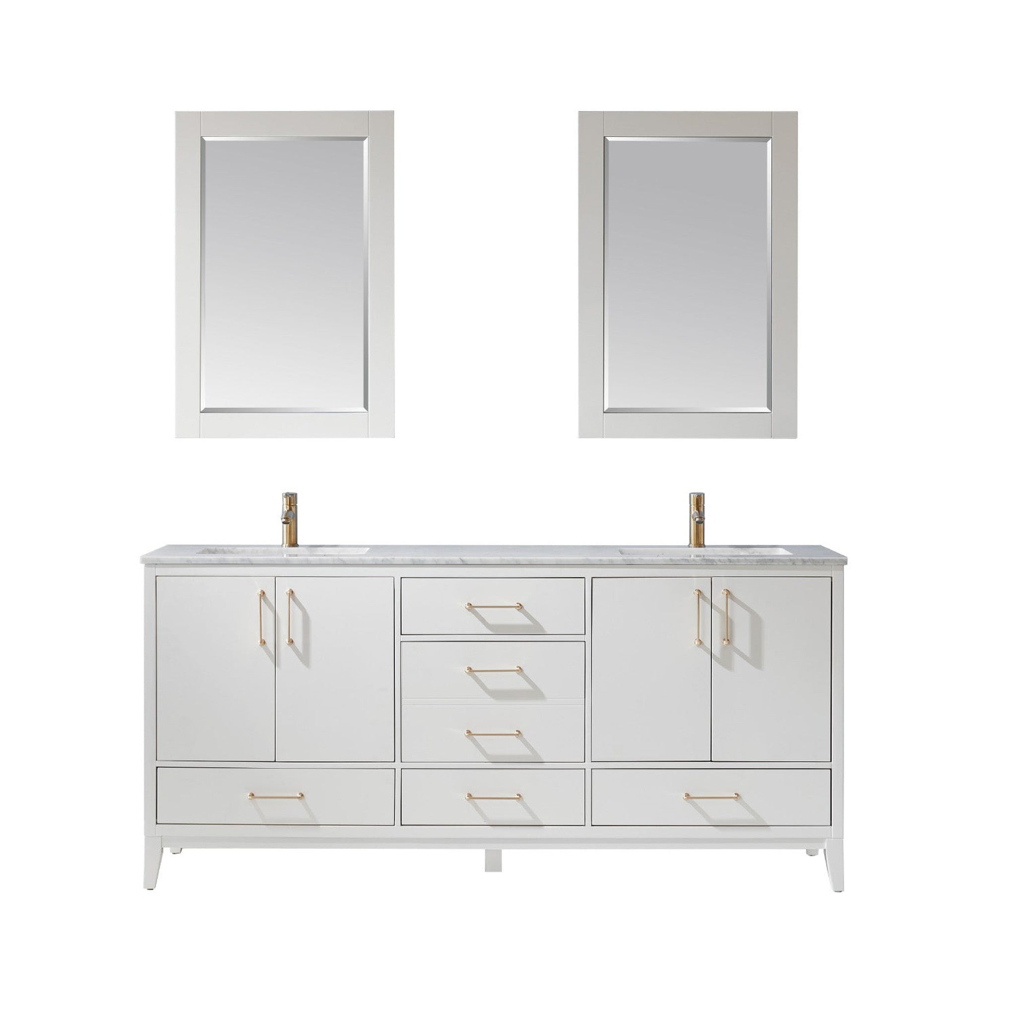 Sutton 72" Double Bathroom Vanity Set in White and Carrara White Marble Countertop with Mirror