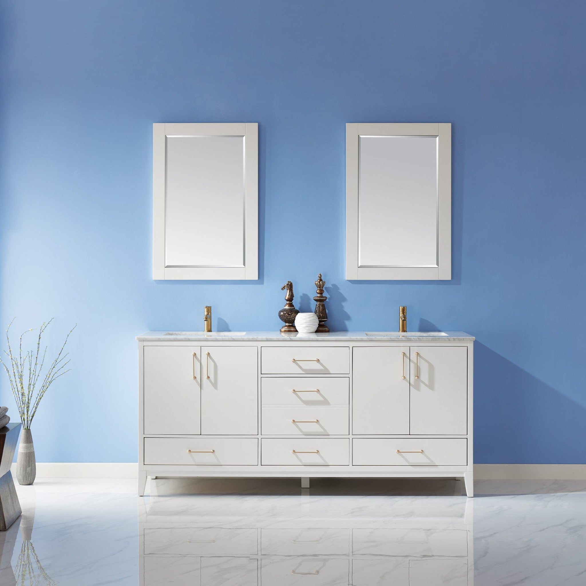 Sutton 72" Double Bathroom Vanity Set in White and Carrara White Marble Countertop with Mirror