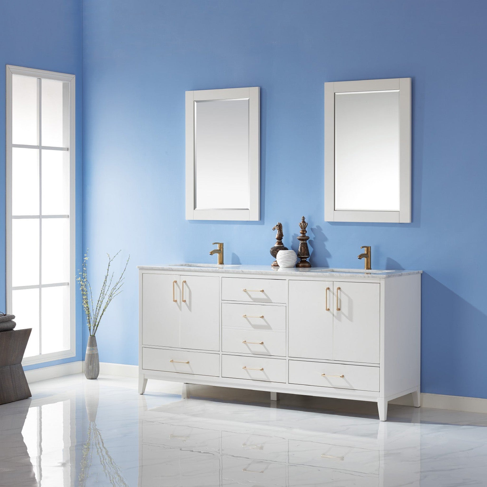 Sutton 72" Double Bathroom Vanity Set in White and Carrara White Marble Countertop with Mirror