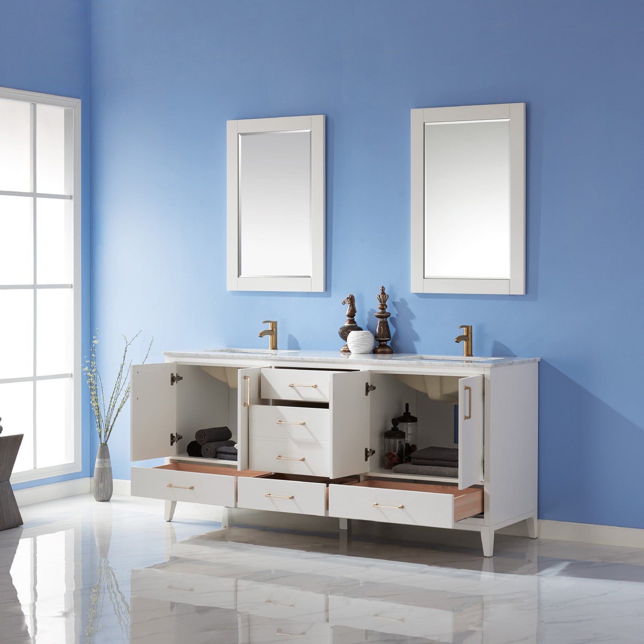 Sutton 72" Double Bathroom Vanity Set in White and Carrara White Marble Countertop with Mirror