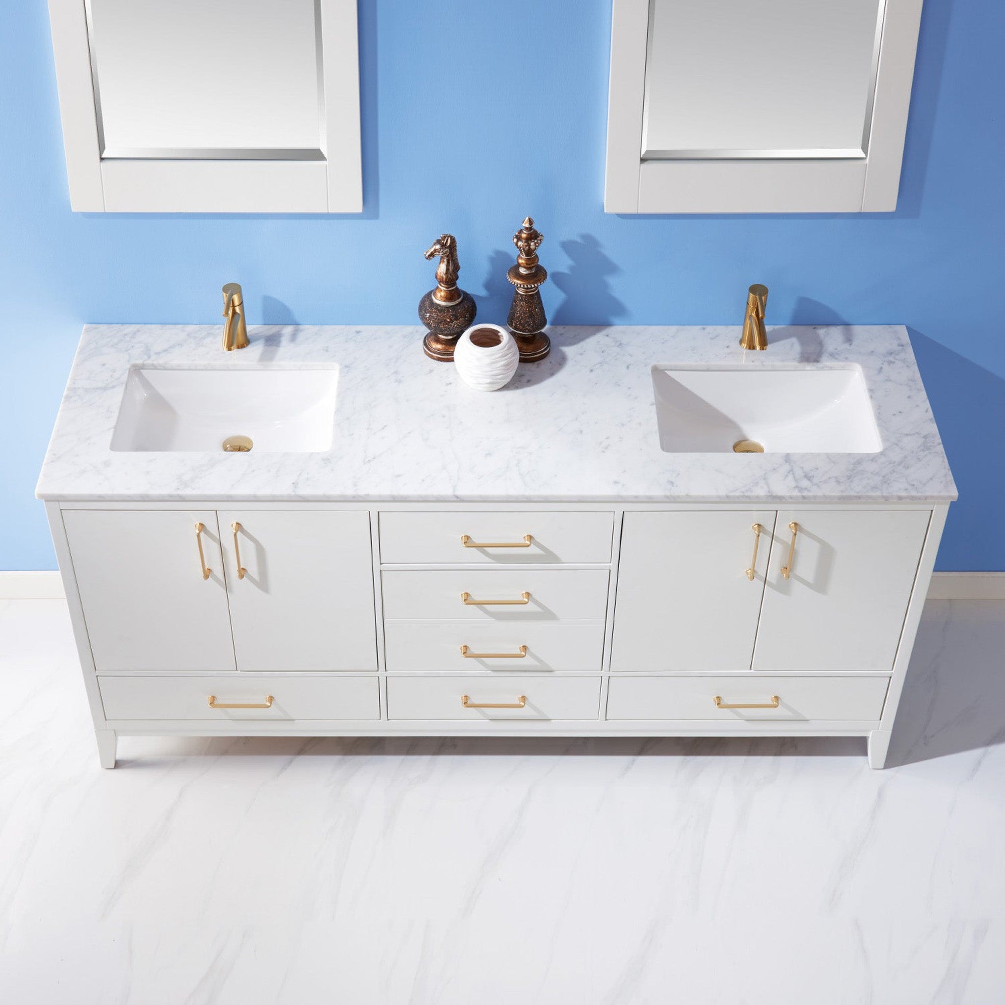 Sutton 72" Double Bathroom Vanity Set in White and Carrara White Marble Countertop with Mirror